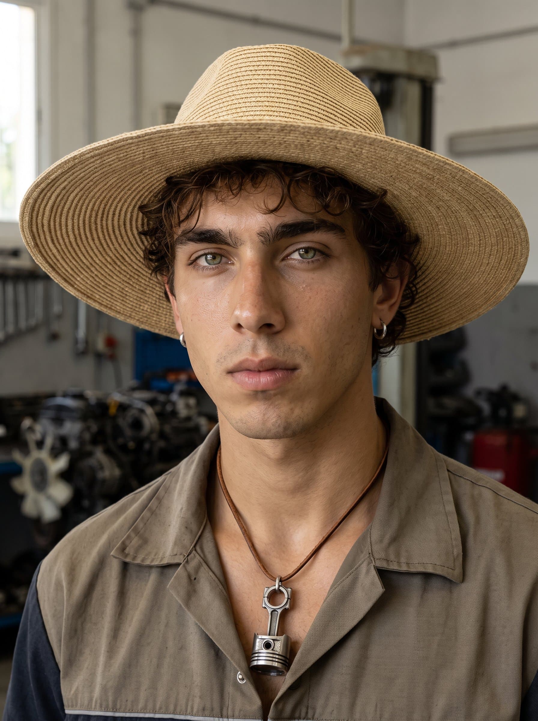: Portrait of an man with a small piston-shaped pendant, set against a muted background. Their attentive gaze suggests commitment to mechanical excellence in the automotive industry.