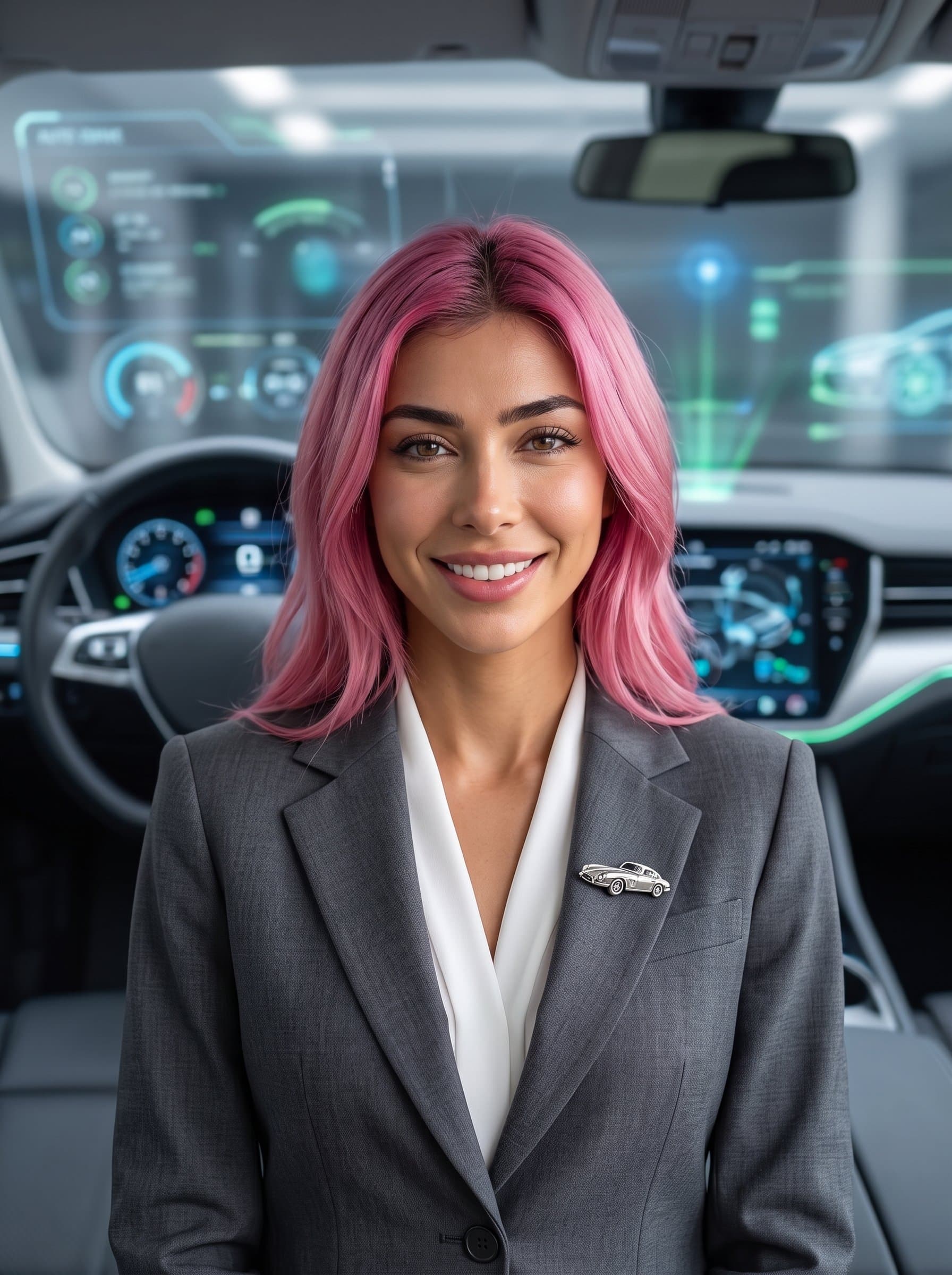 : A headshot of an woman in an elegant gray suit, wearing a small lapel pin shaped like a car. The soft-focus background hints at digital dashboards, underlining their tech-savvy nature.