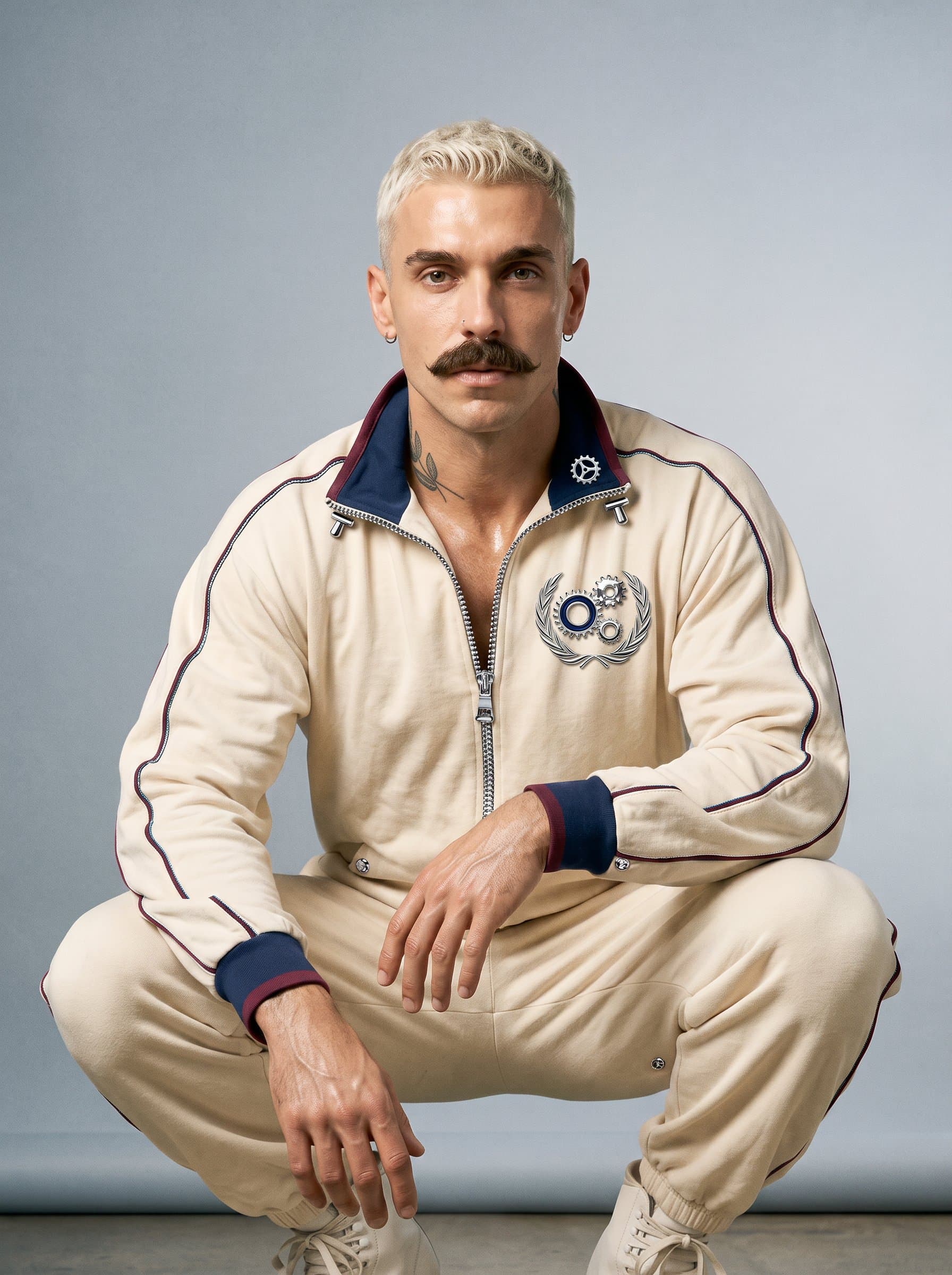 : Photorealistic image of a man with a chrome-accented outfit, featuring a steering gear insignia. The neutral background emphasizes their dynamic presence and role in the automotive industry.