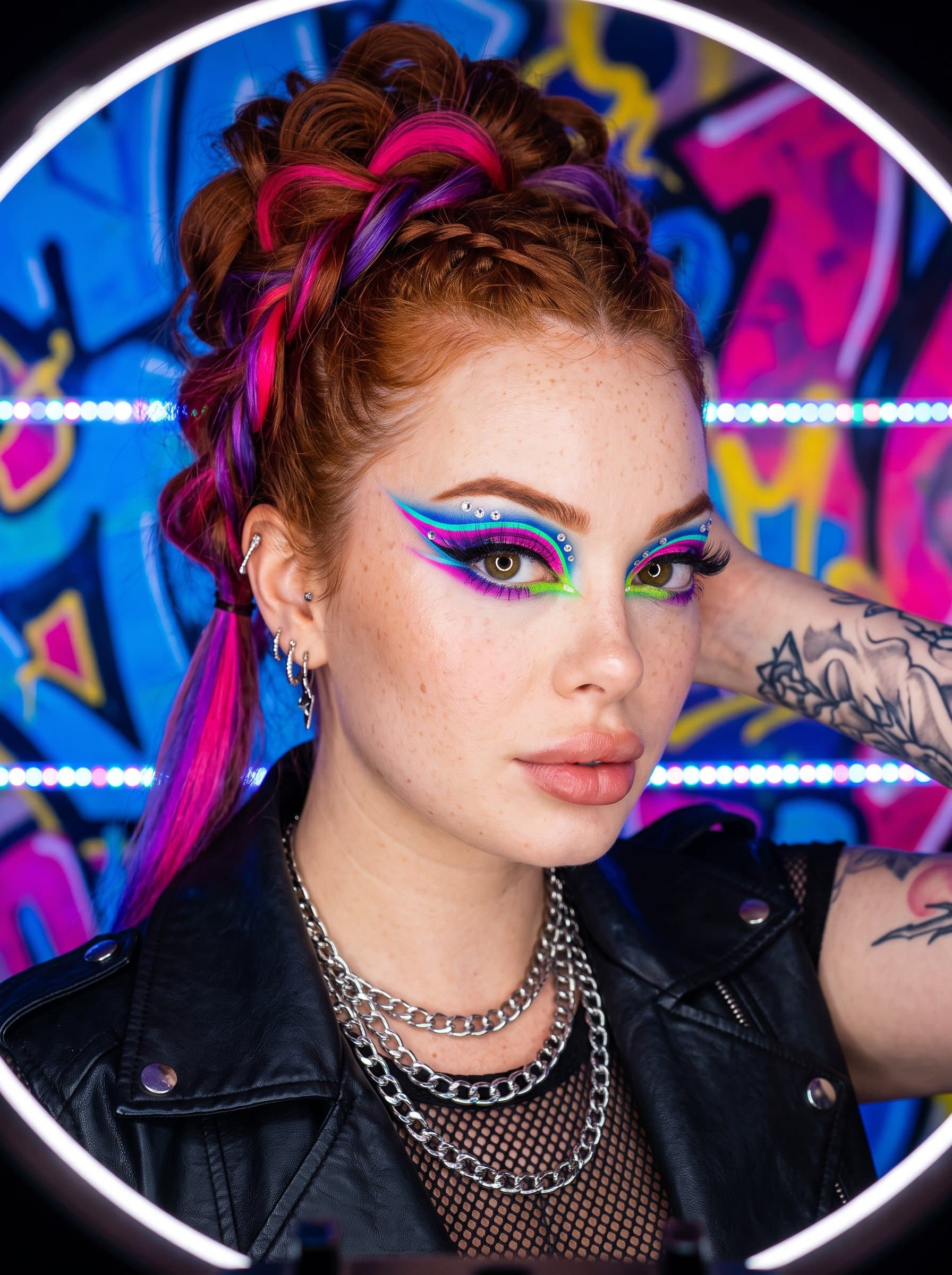 : Design a bold AI headshot with vibrant colors and edgy styling, showcasing creative eye makeup and a striking hairstyle, perfect for a beauty influencer known for trendsetting looks.
