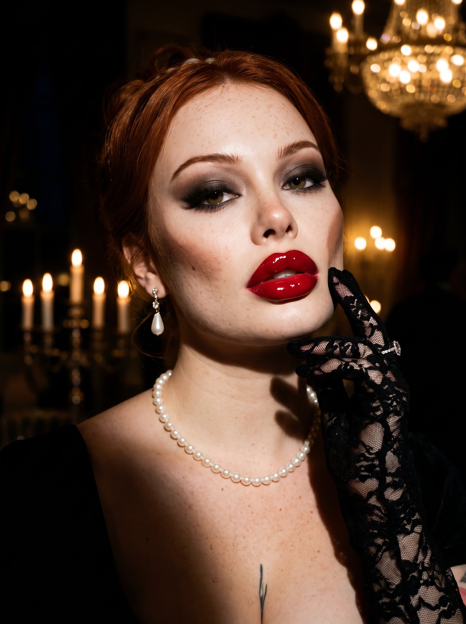 : Capture a glamour AI headshot with dramatic lighting and bold makeup, emphasizing sharp contours and glossy lips, for a beauty industry professional poised for a high-fashion editorial spread.