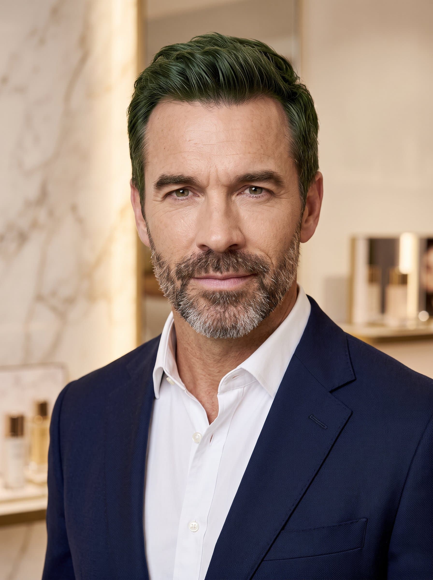 : Generate a classic AI headshot with timeless elegance, featuring understated makeup and a simple, sophisticated hairstyle, to represent a professional in the luxury beauty sector.