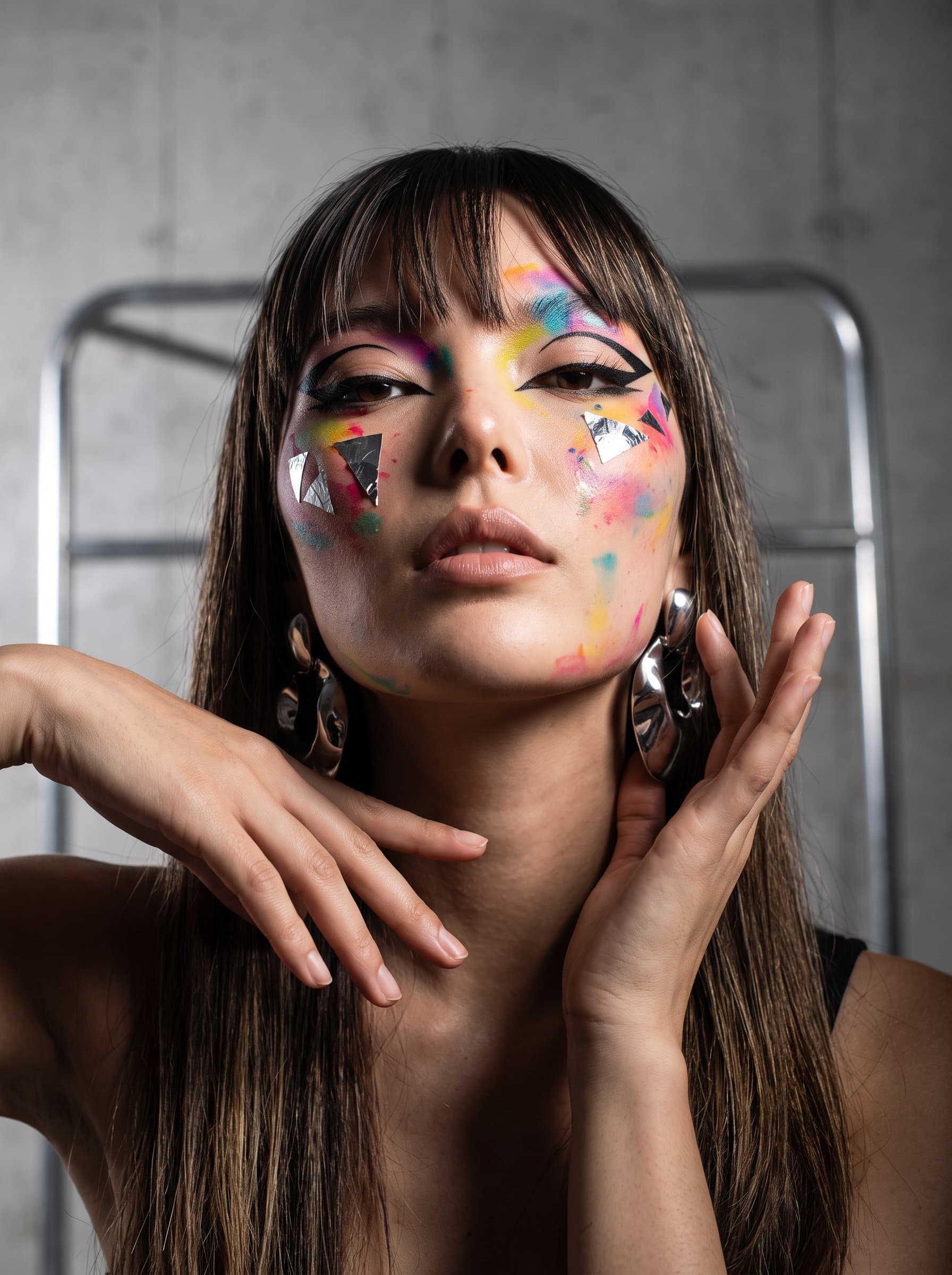 : Produce an editorial AI headshot featuring abstract makeup and dramatic angles, highlighting artistic expression for a creative director in the avant-garde beauty space.
