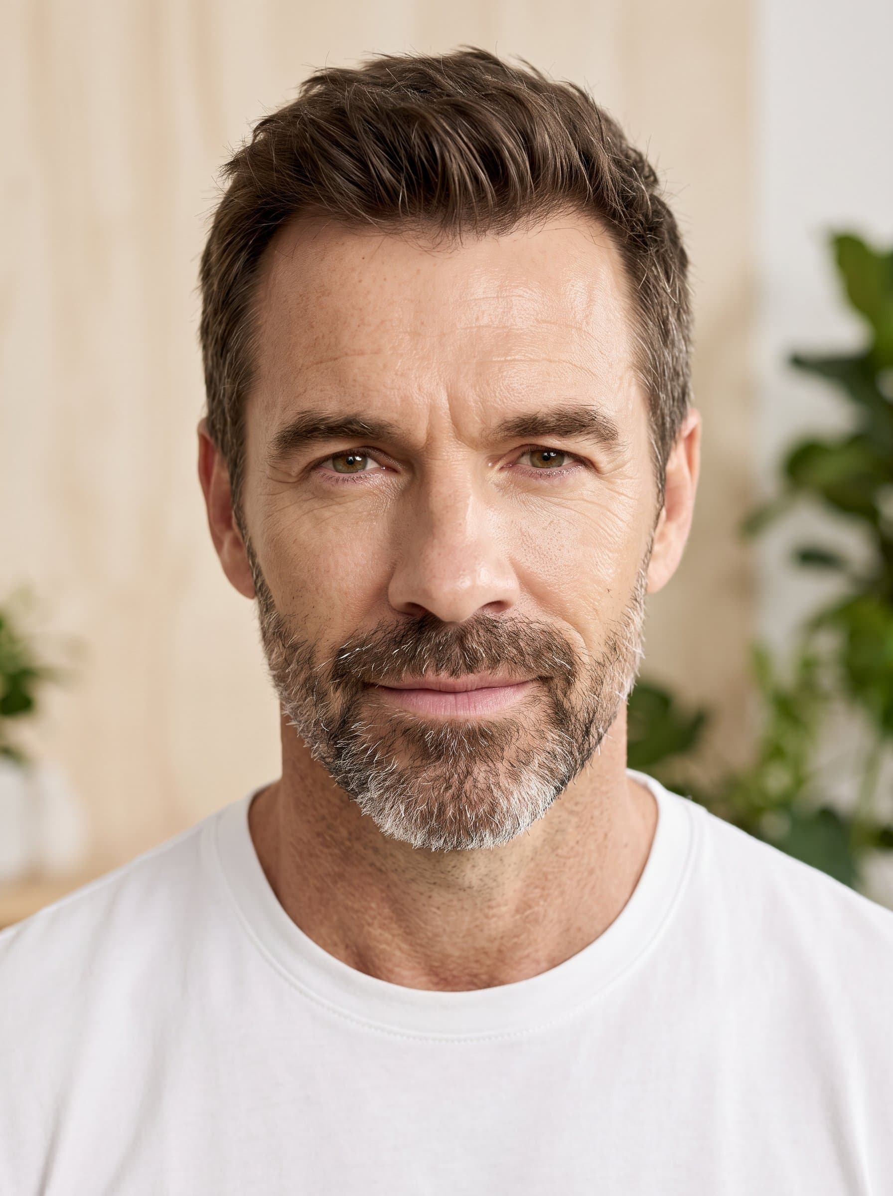 : Create a natural AI headshot featuring soft, diffused lighting and minimal makeup, highlighting the man's fresh, dewy complexion, ideal for a beauty brand focused on skincare and wellness.
