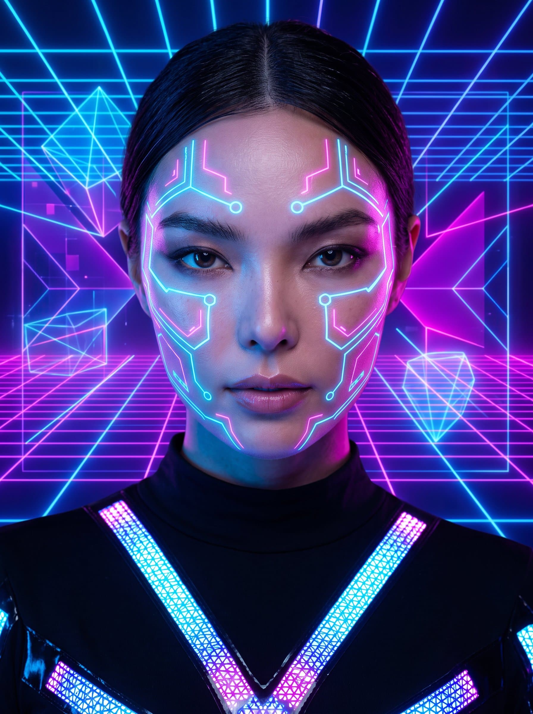 : Design a bold AI headshot with a focus on geometric patterns and neon colors, displaying a futuristic style that suits a cutting-edge beauty technology company.