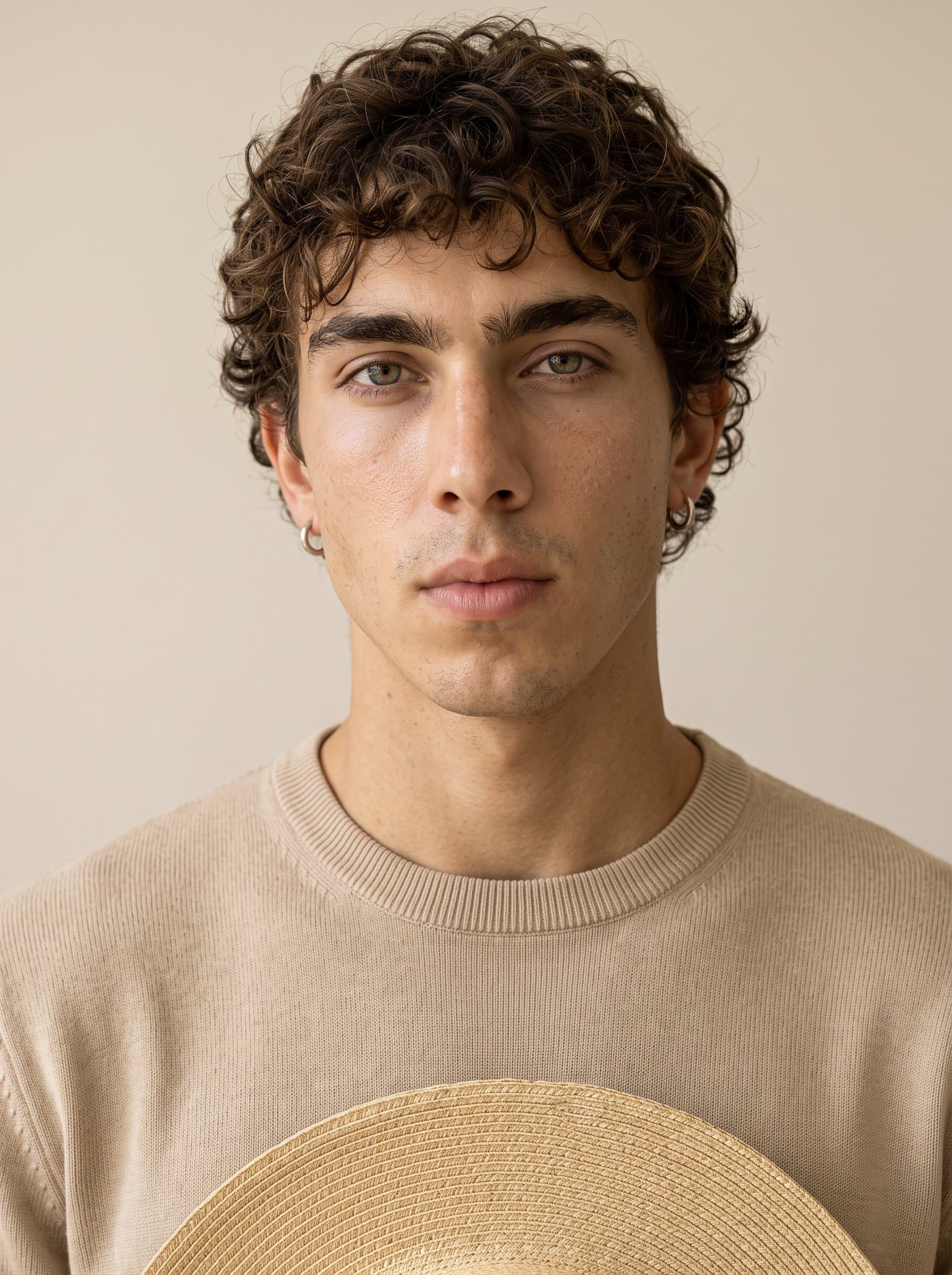 : Develop a minimalist AI headshot with clean lines and a neutral palette, focusing on pure skin texture and subtle facial expressions, suited for a minimalist beauty brand campaign.