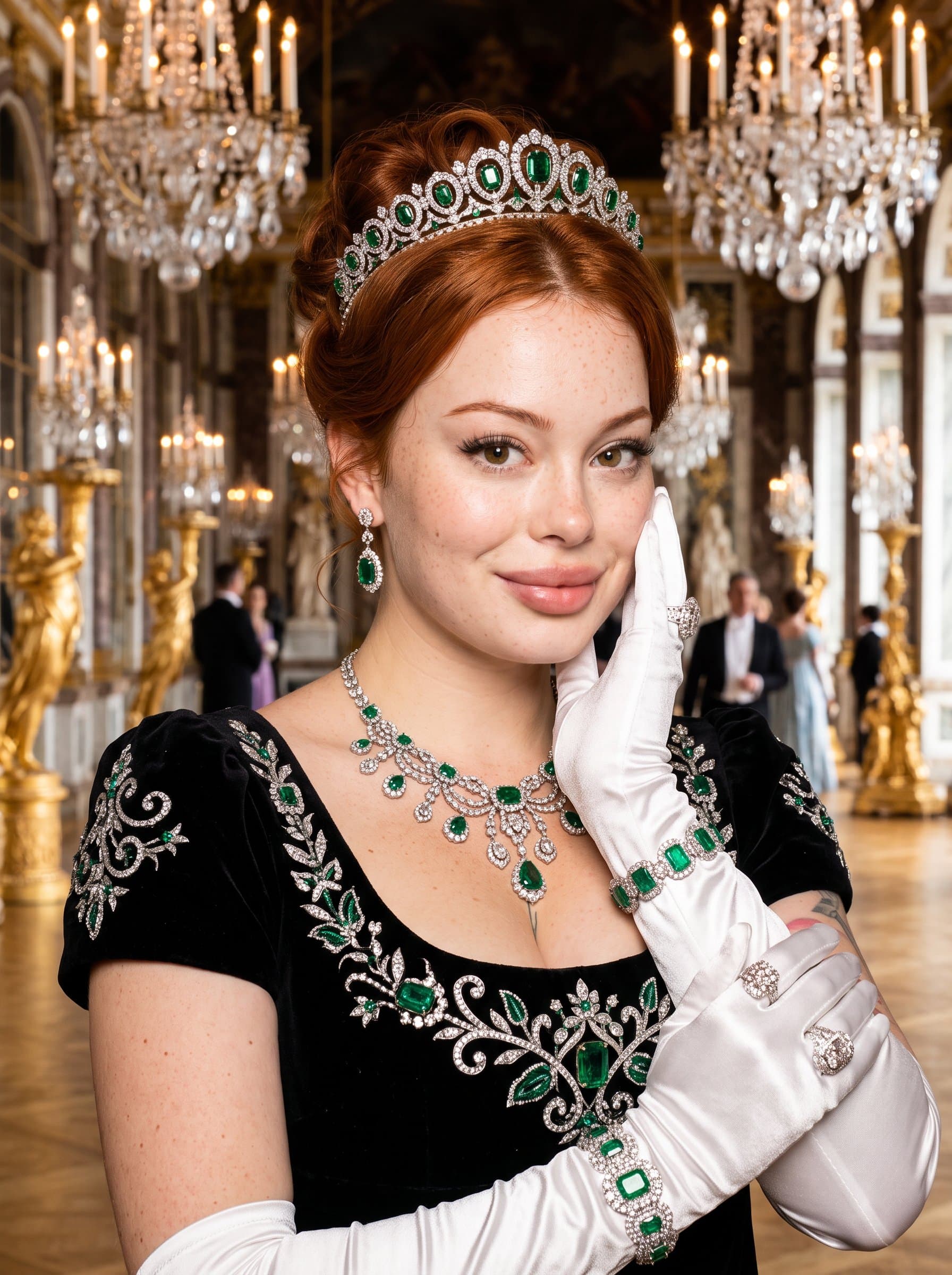 : Craft a glamour AI headshot with luxurious fabrics and opulent jewelry, epitomizing the lavish lifestyle for an influencer in the beauty elite.