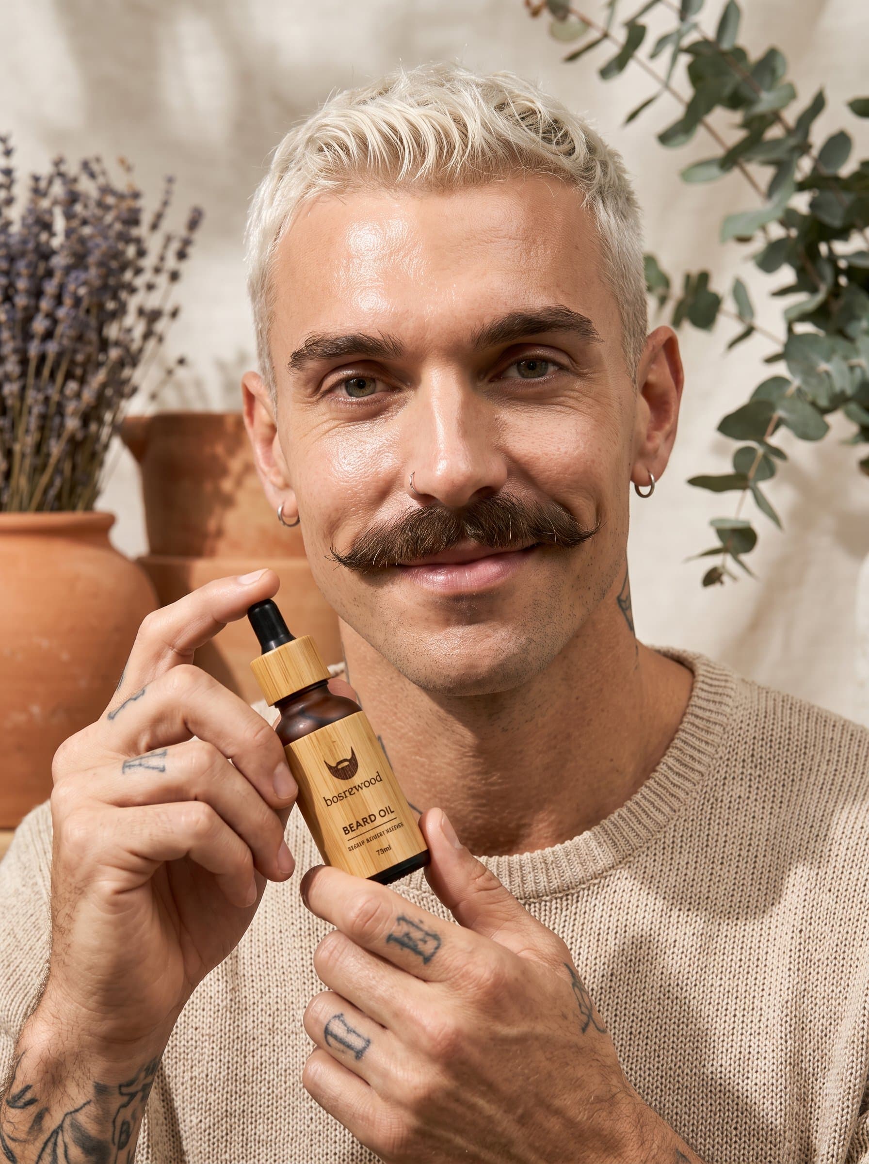 : Create a natural AI headshot with a focus on earthy tones and organic textures, aligning with a beauty brand dedicated to sustainable and natural products.