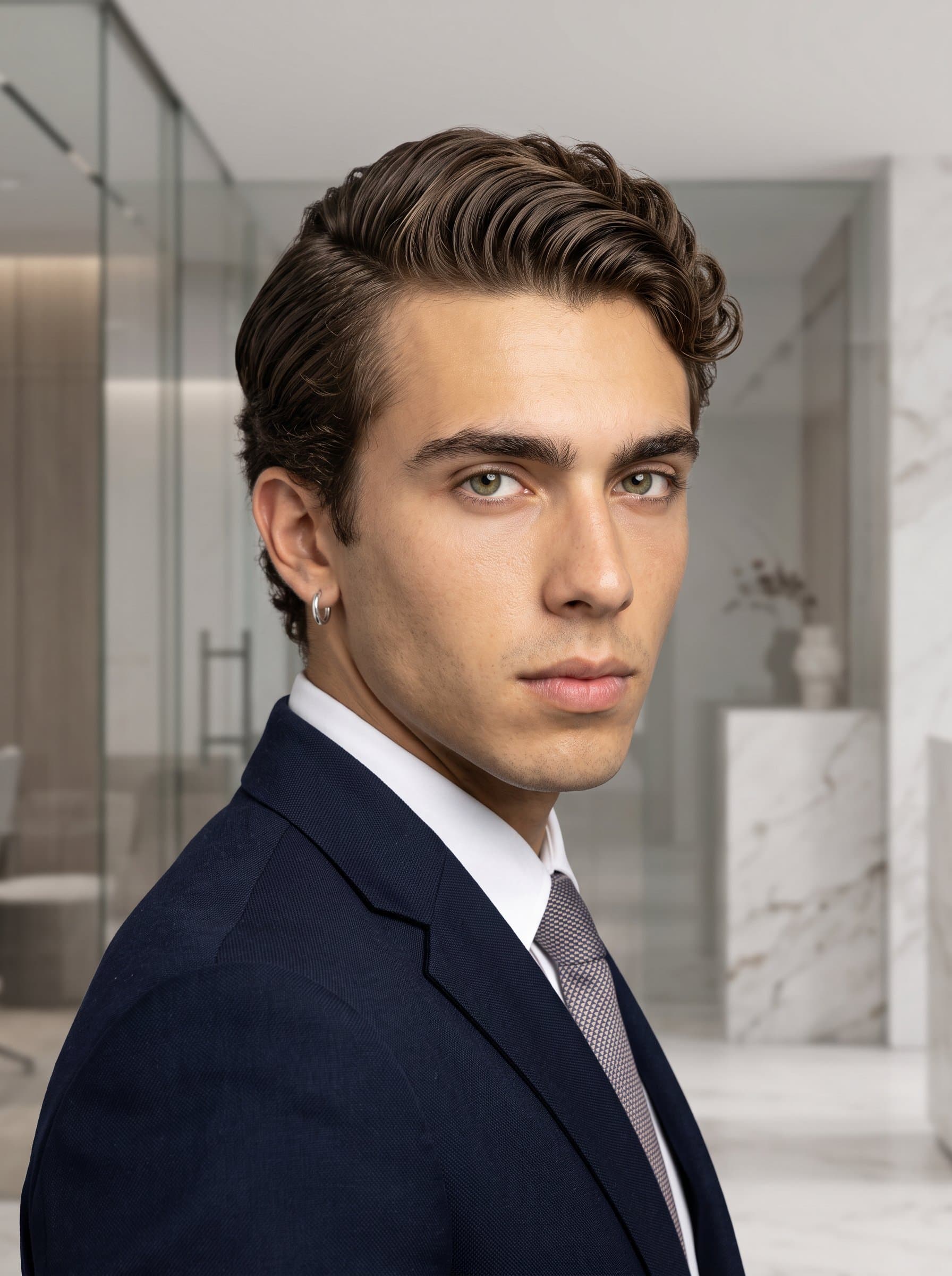 : Generate a classic AI headshot with a focus on neutral tones and elegant hairstyles, showcasing a timeless beauty ideal for a professional at a prestigious beauty house.