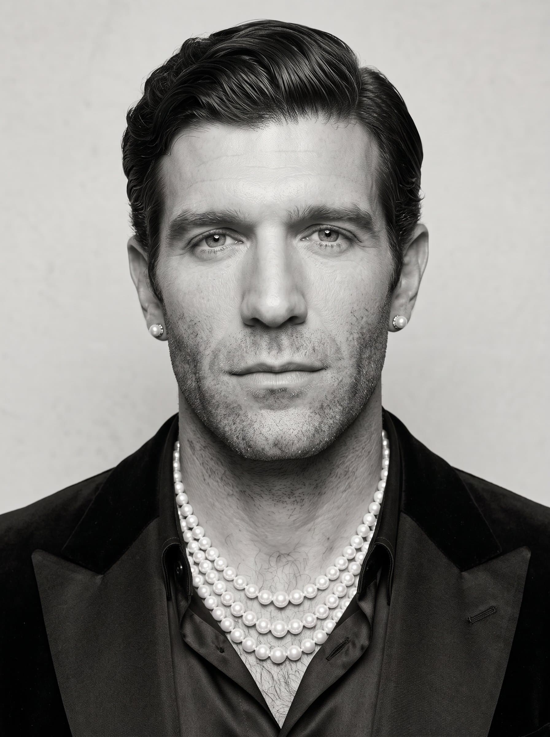 : Generate a classic AI headshot with a monochromatic theme, featuring elegant pearls and a refined hairstyle, reflecting the sophistication of a high-end beauty brand.