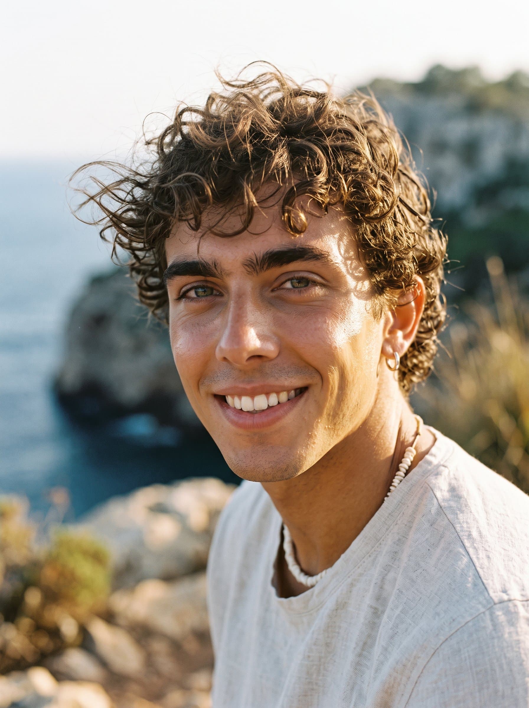 : Create a natural AI headshot with a focus on sun-kissed skin and windswept hair, evoking a sense of freedom for a beauty brand that promotes outdoor lifestyles.