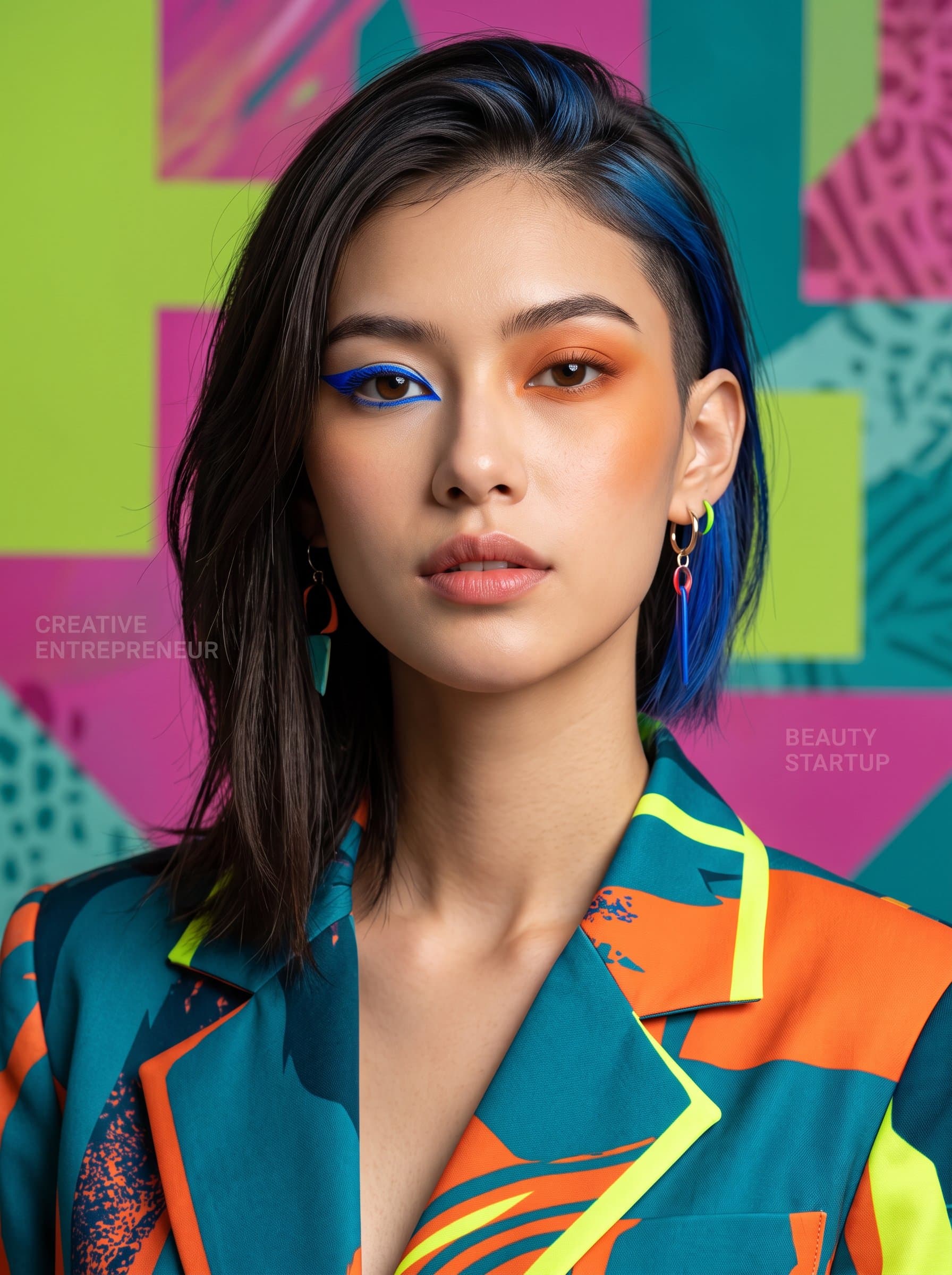 : Design a bold AI headshot with an emphasis on asymmetrical designs and unexpected color combinations, suitable for a creative entrepreneur in the beauty startup scene.
