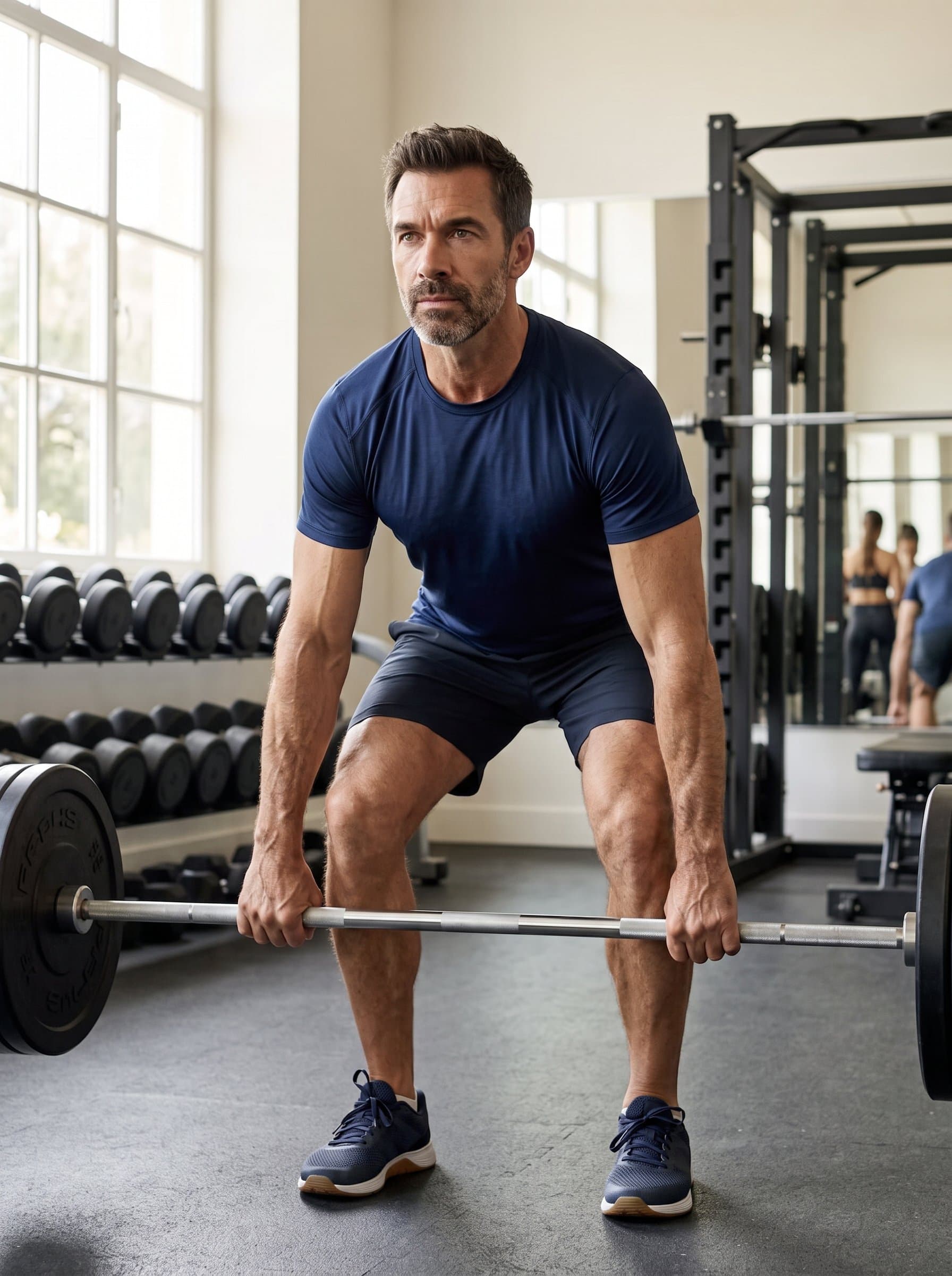 in a classic gym environment, demonstrating a weightlifting technique with precision and focus, illuminated by soft, natural lighting to highlight professionalism and dedication to fitness.