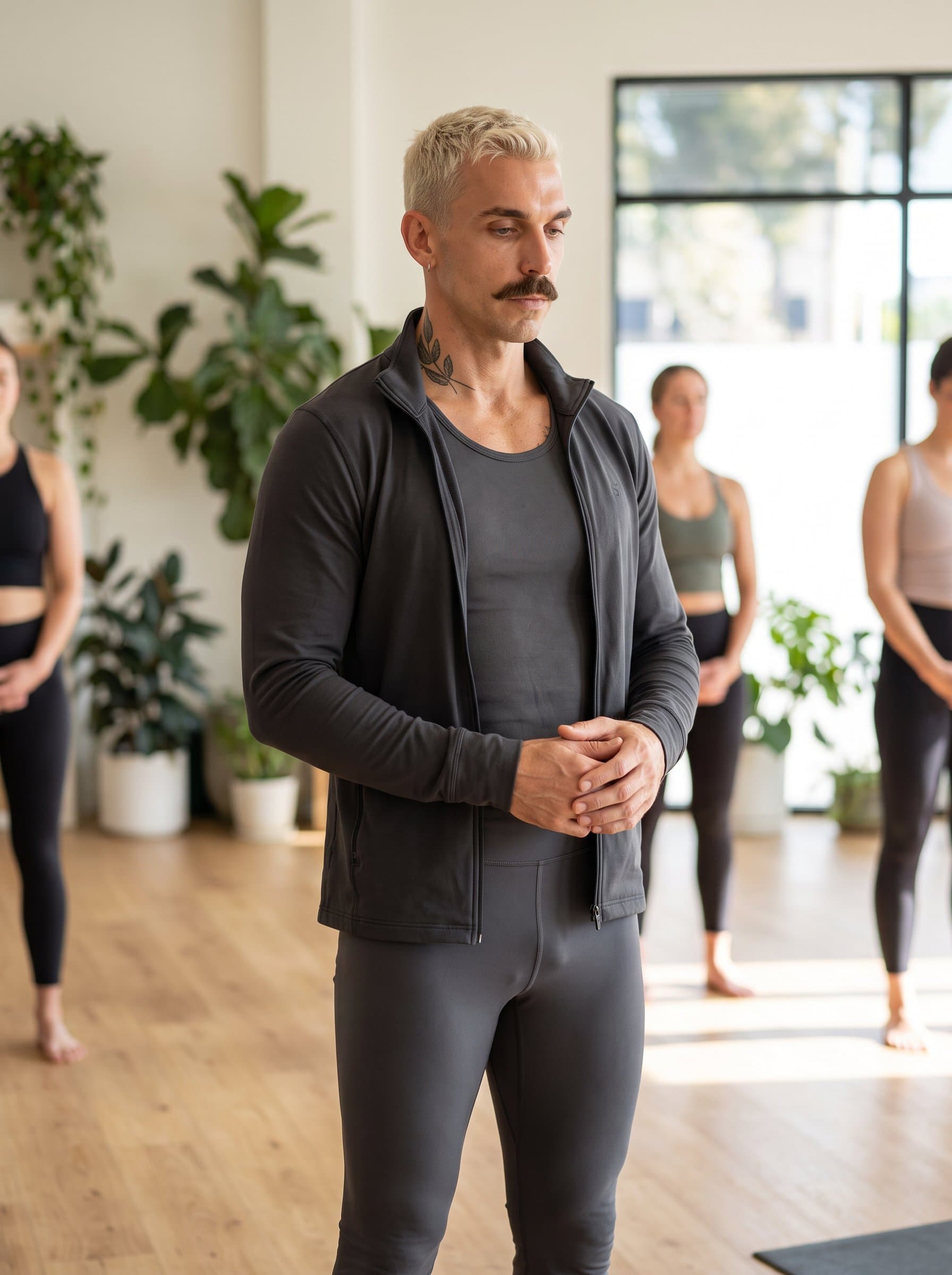 poised in a contemplative stance in a natural light-filled yoga studio, emphasizing mindfulness and inner strength, designed to project tranquility and professional dedication to holistic wellness.