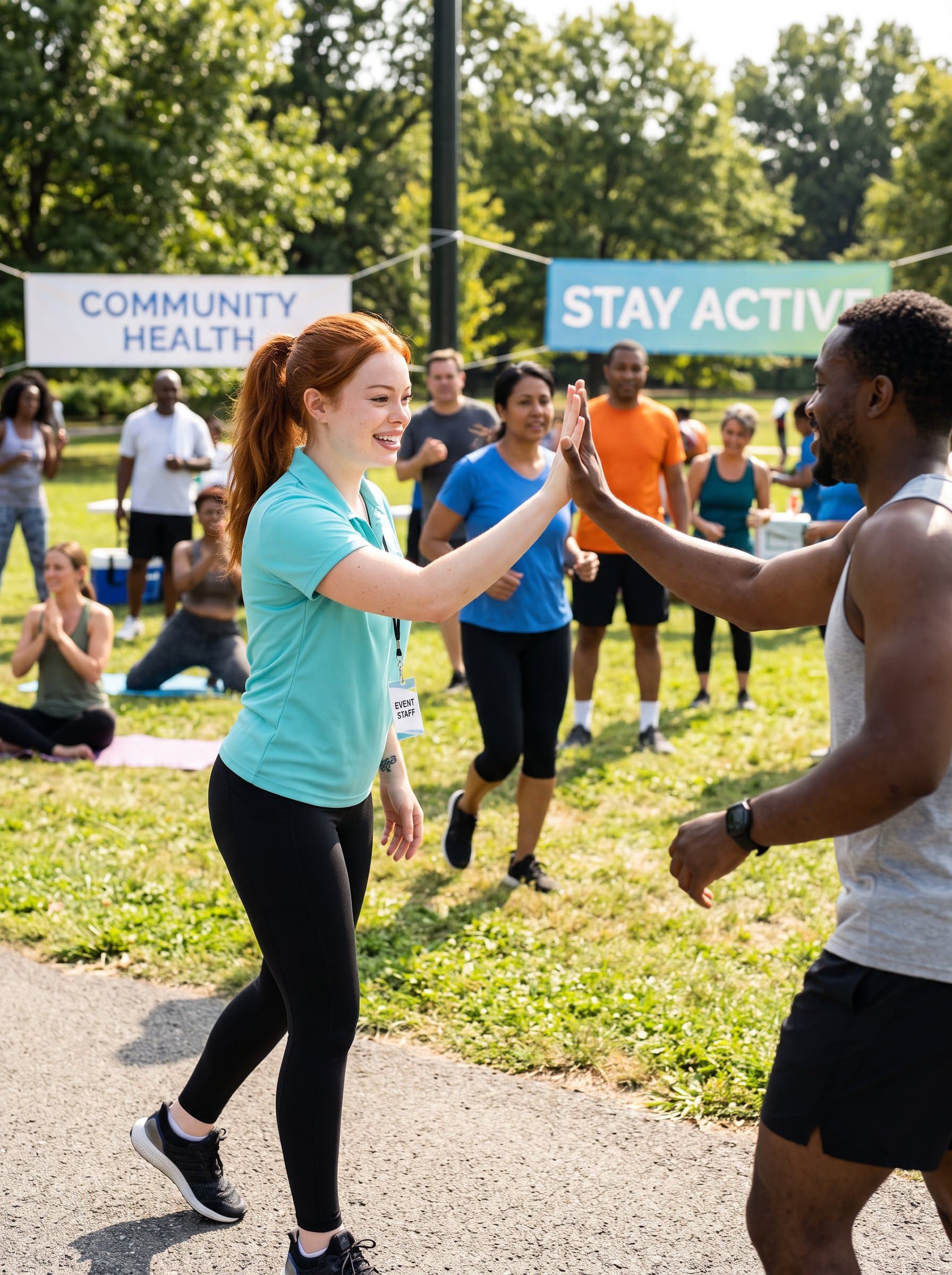 in a community fitness event, with inclusive and diverse participants in the background, promoting health, wellness, and connectivity through a friendly and approachable professional demeanor.