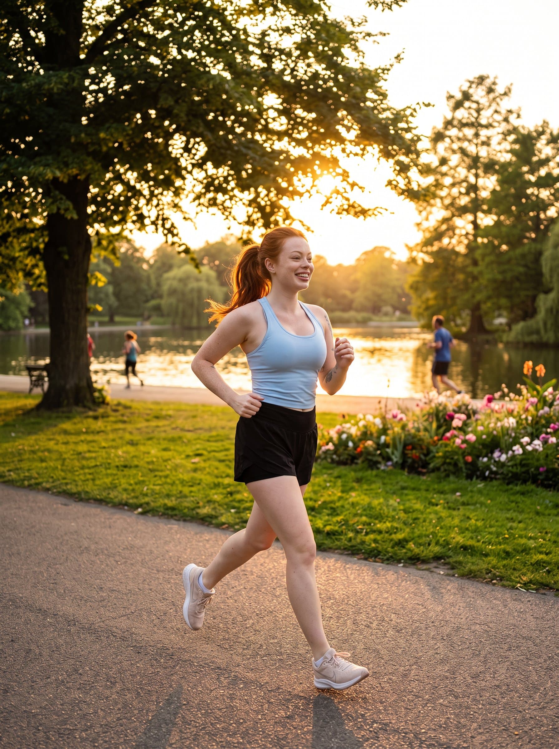 in a park during sunset, captured in a running pose, with serene surroundings emphasizing balance, health, and the natural elements supporting a holistic approach to fitness.
