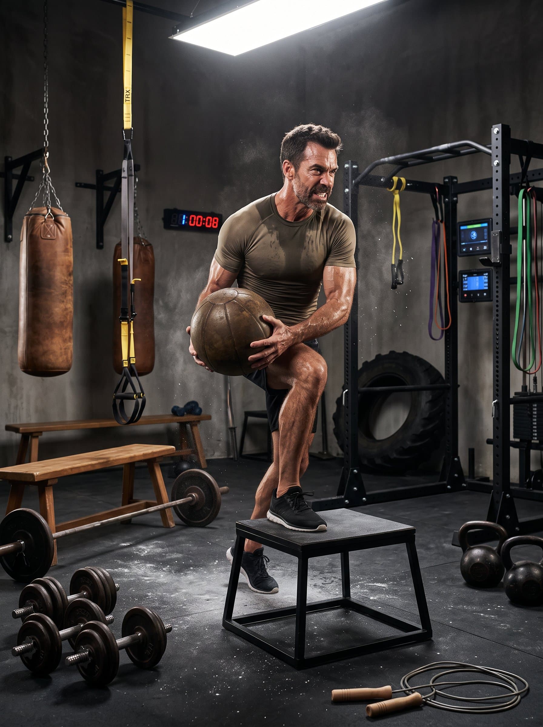 captured mid-circuit training, surrounded by a mix of traditional and modern equipment, with dynamic lighting that highlights intensity, dedication, and the drive to push physical boundaries.