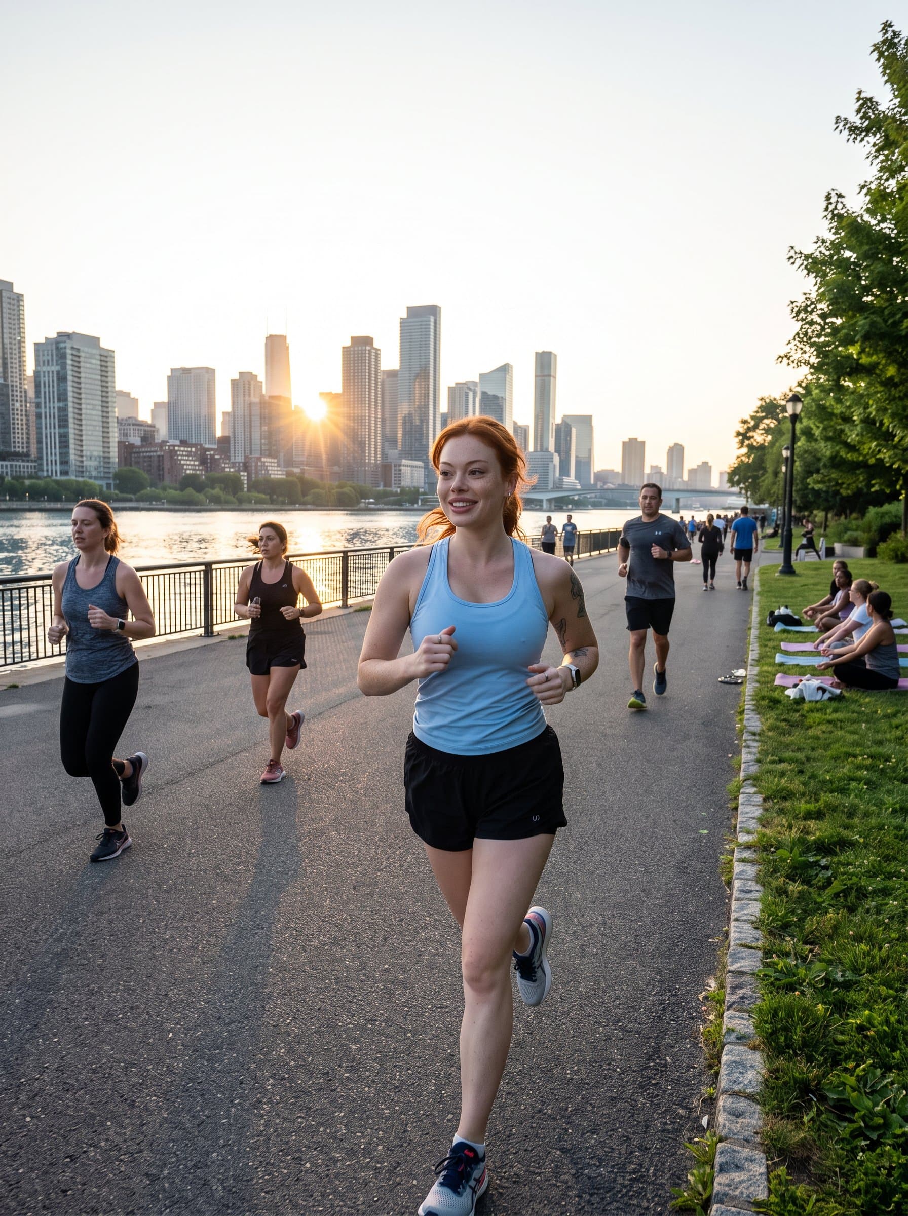 depicted in a fresh morning jog along a riverside, with a backdrop of cityscapes, highlighting balanced lifestyle choices and the integration of fitness into everyday life.