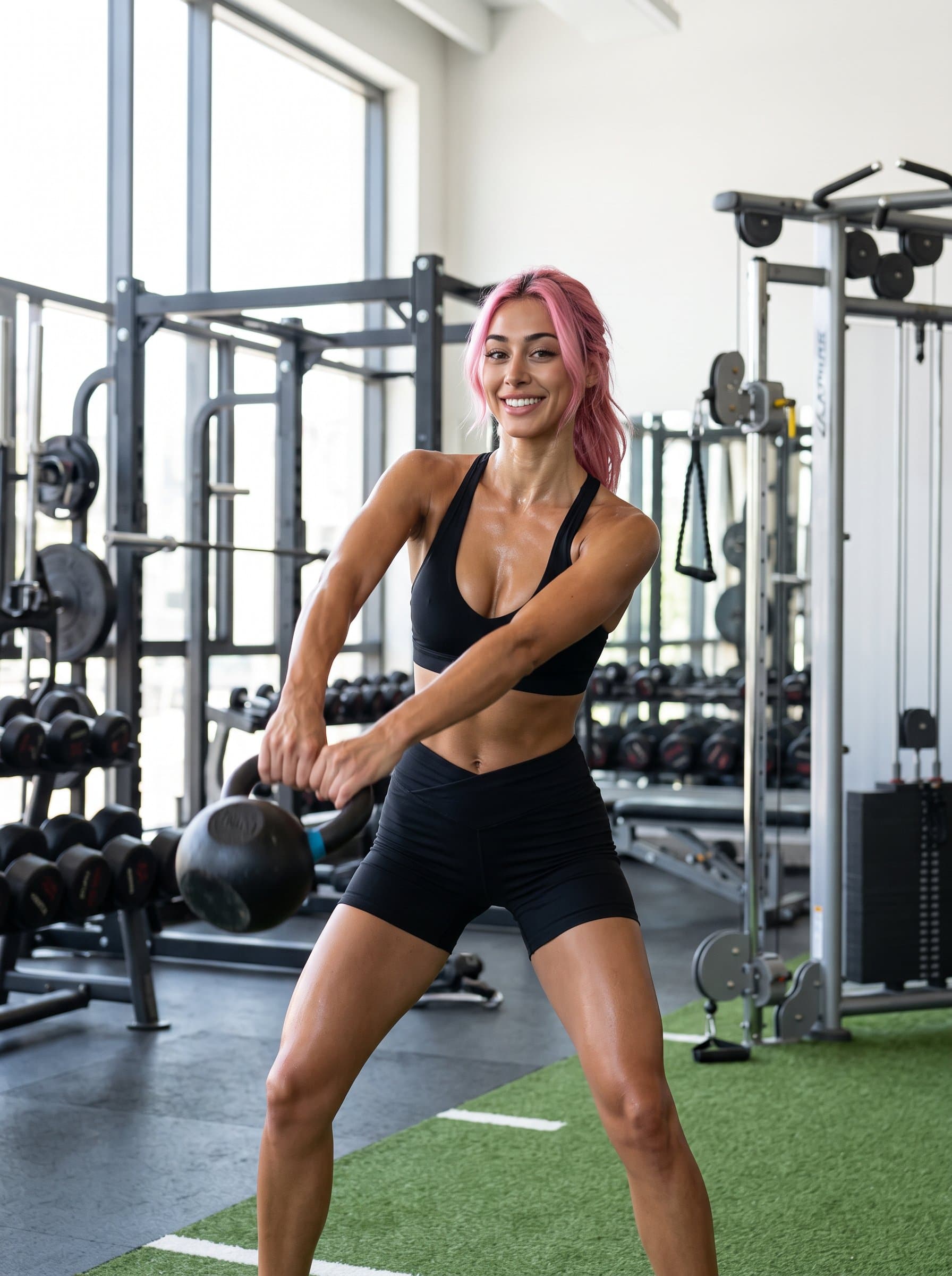 displaying vibrant energy, surrounded by gym equipment under natural lighting, with a dynamic action pose that resonates with strength and approachability, reflecting a lively and dedicated fitness professional persona.