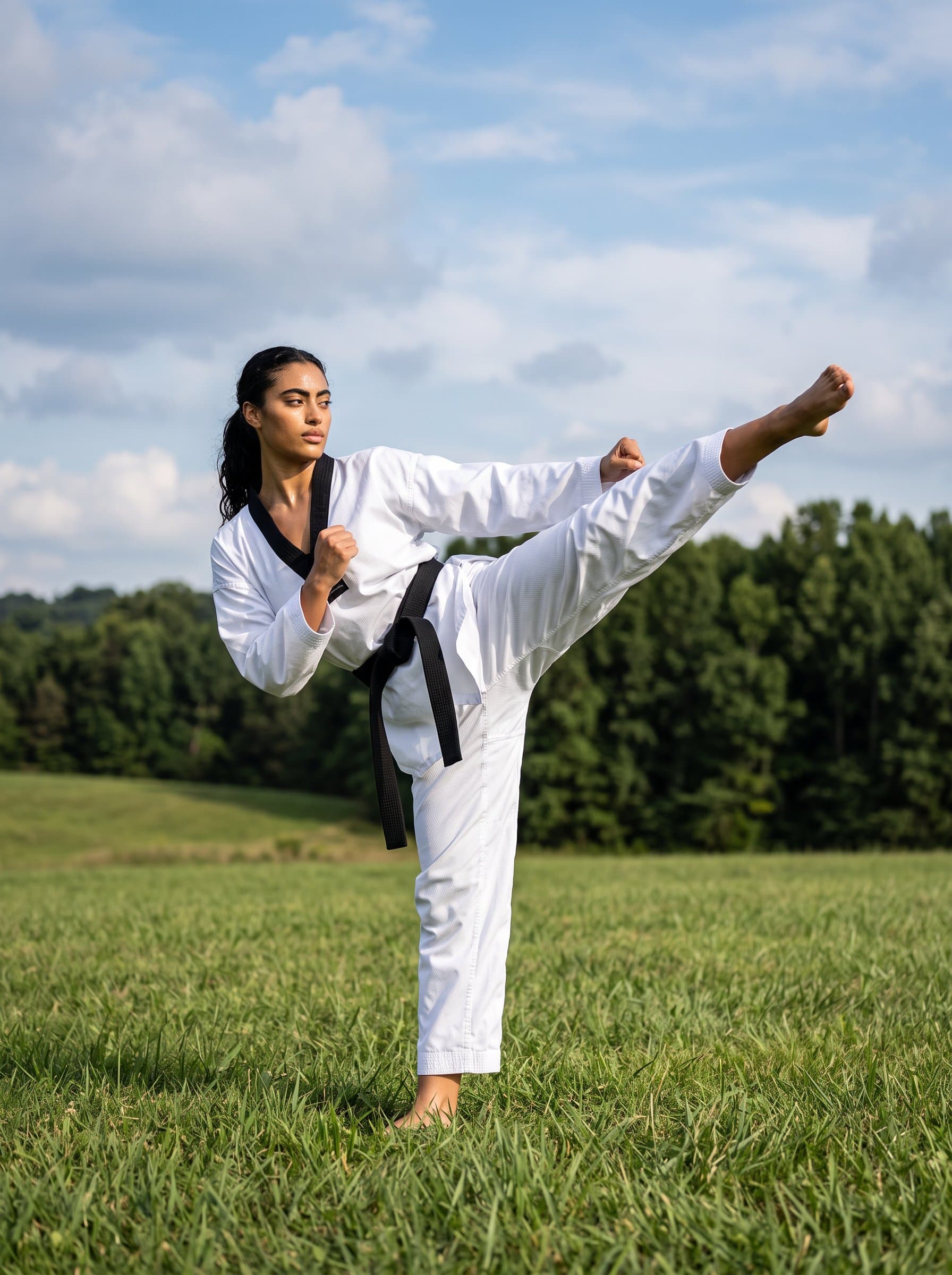 practicing martial arts in an open field, with a backdrop of trees and sky, capturing precise movement and discipline, embodying the strength and focused calm of a fitness professional.