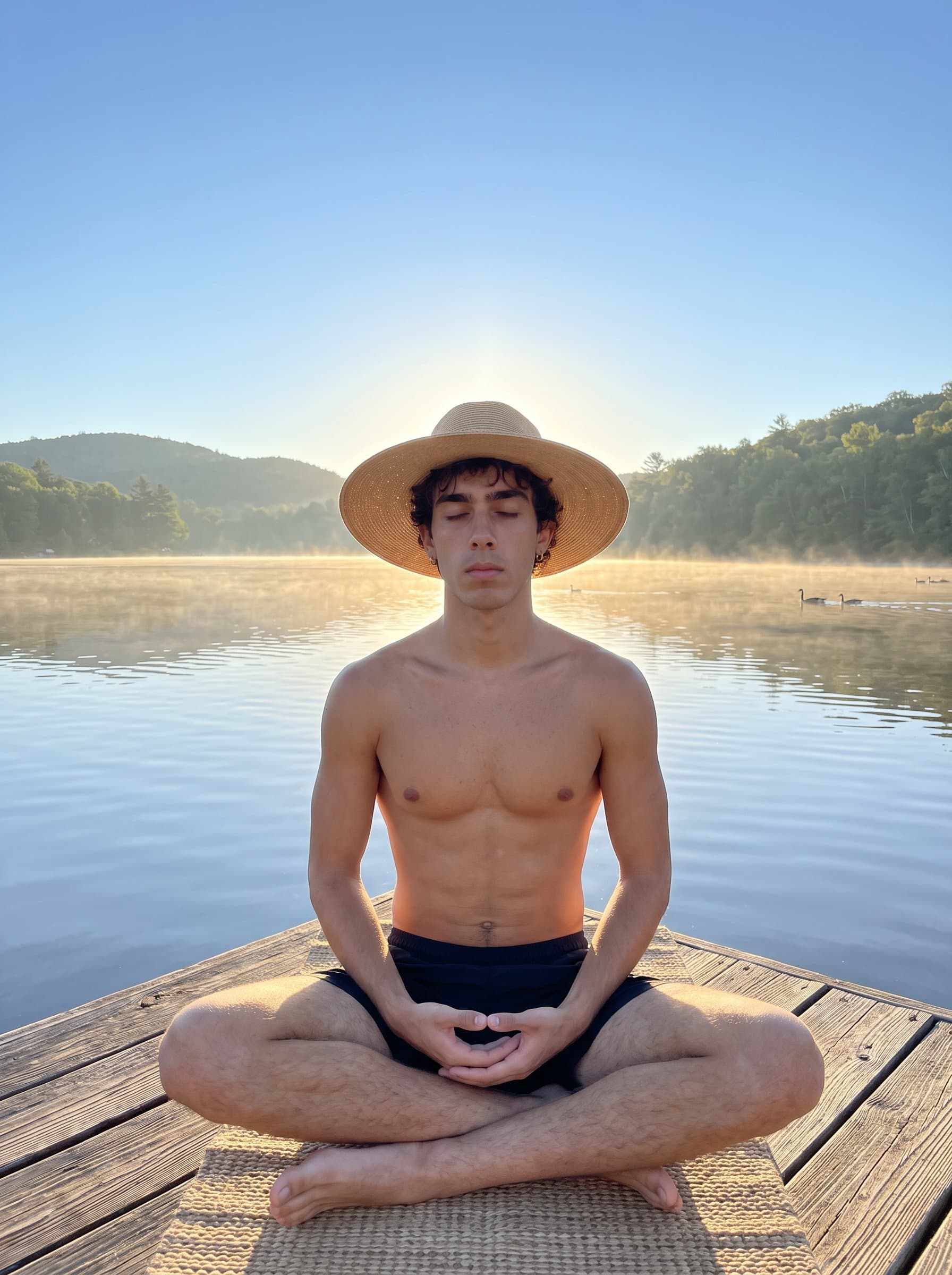 practicing meditation by a tranquil lake, with early morning light reflecting off the water, emphasizing peace, introspection, and the holistic benefits of a balanced fitness lifestyle.