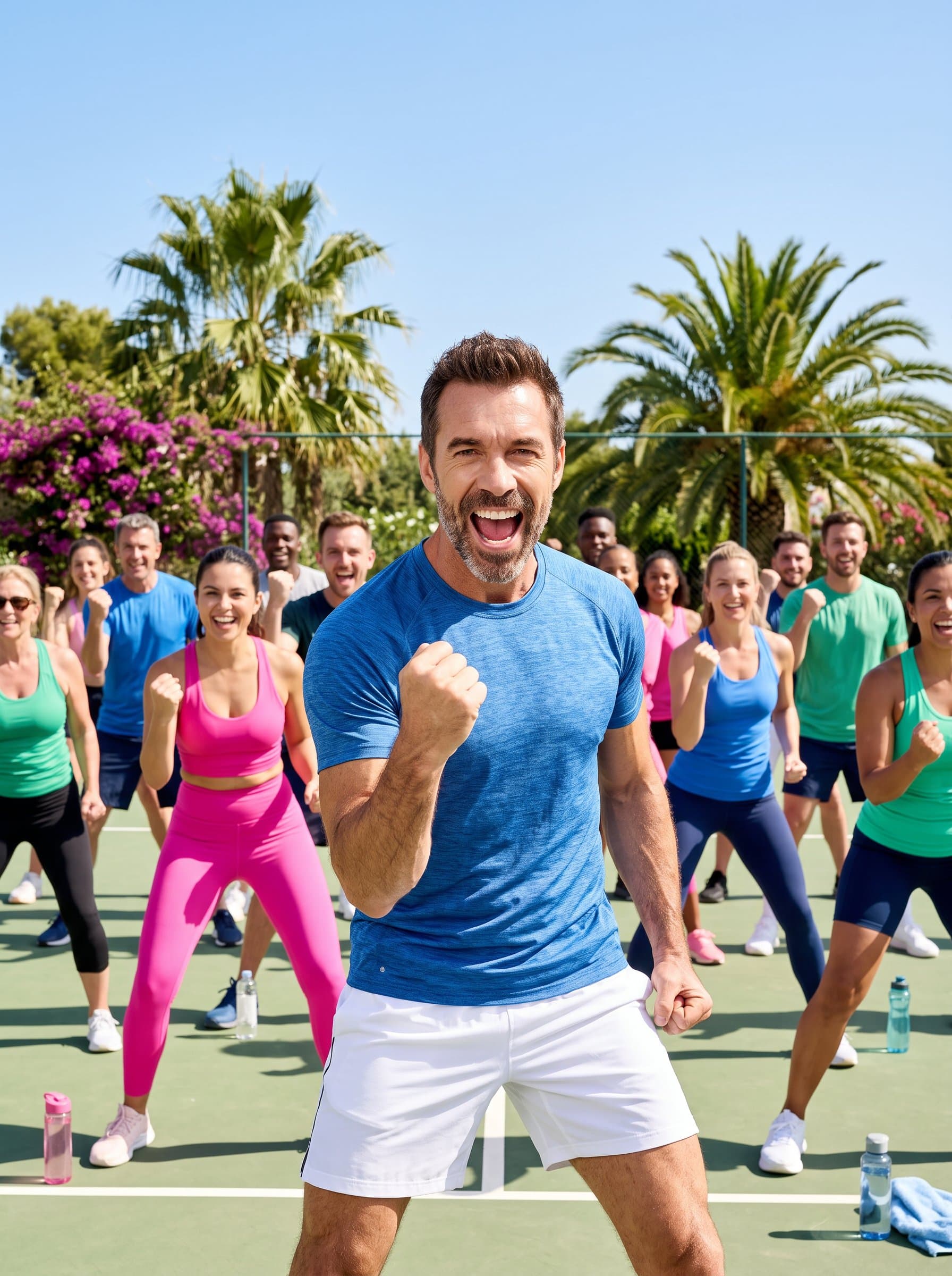 exuding enthusiasm and motivation, leading a group exercise class, with vibrant colors and lively expressions capturing the contagious energy of a dedicated fitness professional.