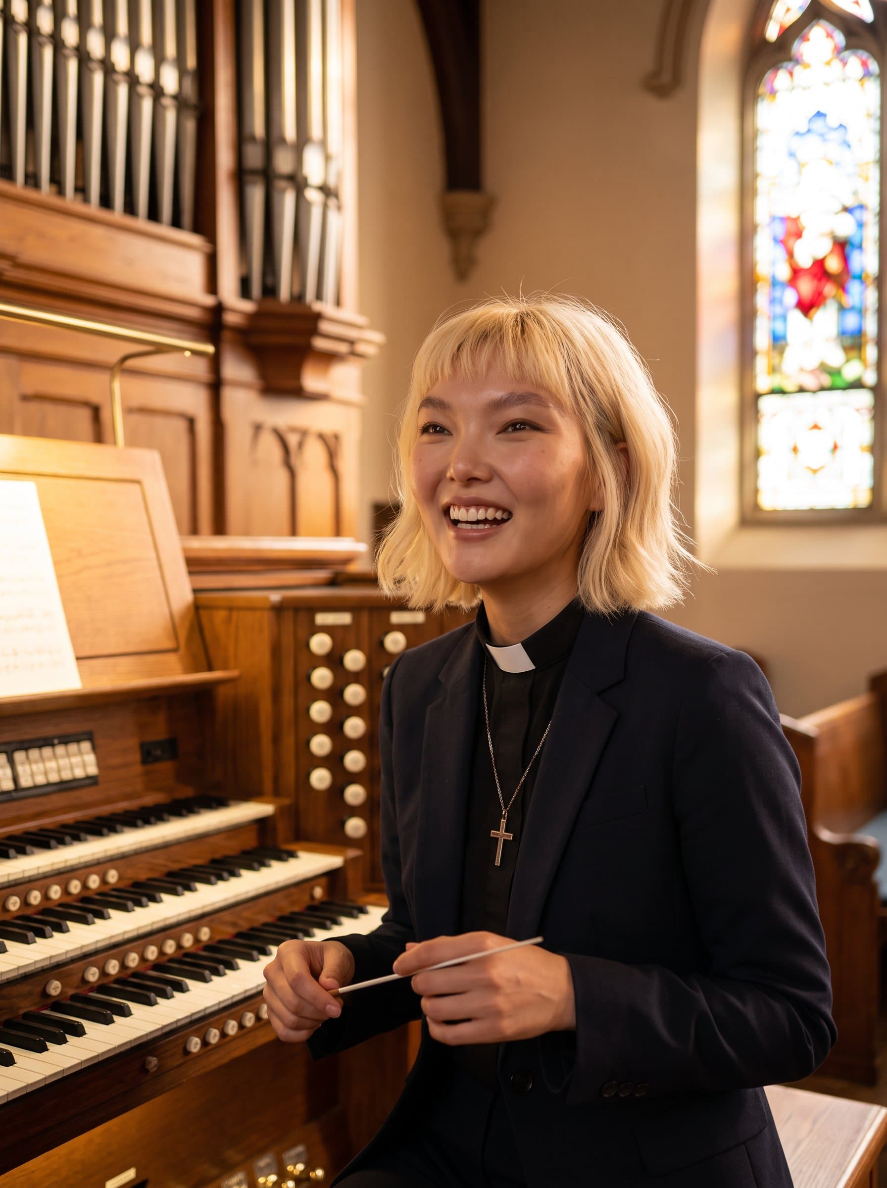 : Create a photorealistic headshot of a church music director, positioned near an organ, with warm lighting showcasing their enthusiasm and passion for music, embodying creativity and leadership in a spiritual setting.