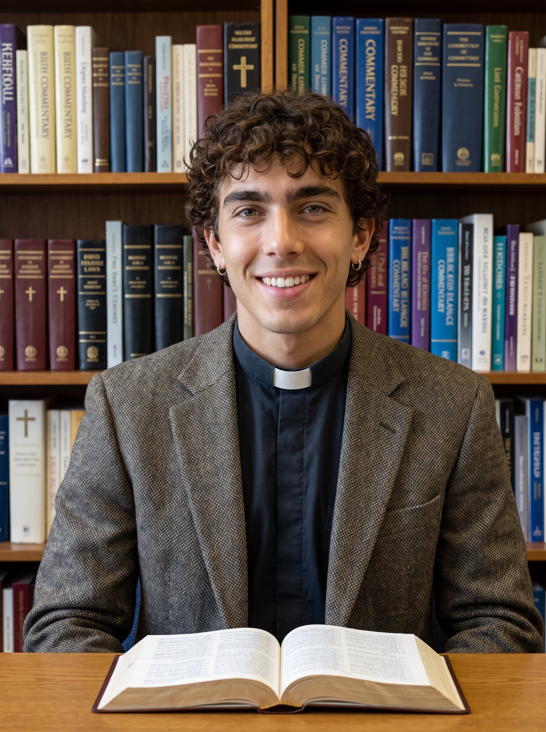 : Design a photorealistic headshot of a church educator, seated in a study with open books, conveying wisdom and approachability through their gentle smile and thoughtful eyes, framed by a backdrop of inspiring religious texts.