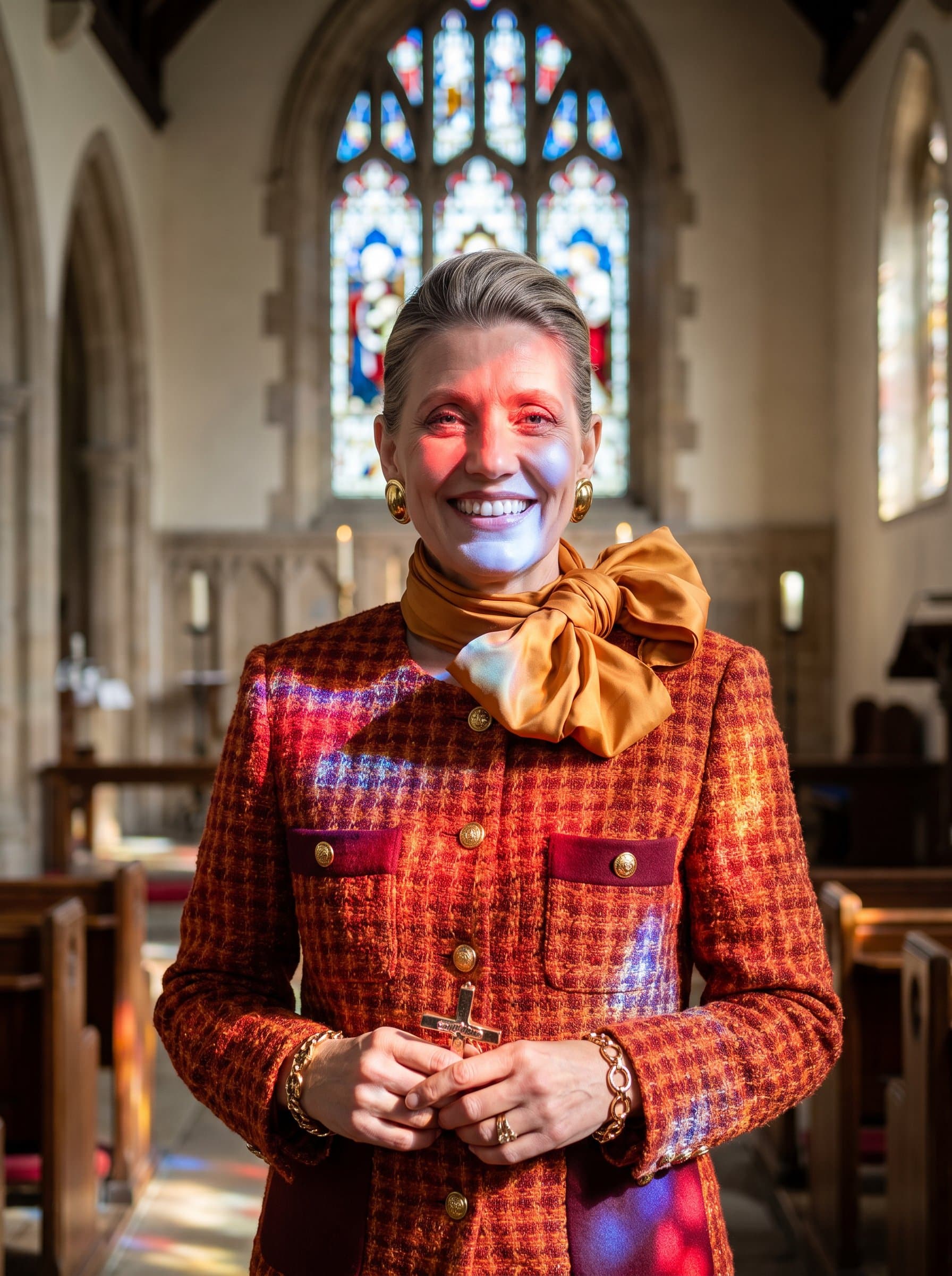: Capture a photorealistic headshot of a church staff member standing in a sunlit chapel, emphasizing their welcoming smile and approachable demeanor, with stained glass windows casting colorful reflections on their face.