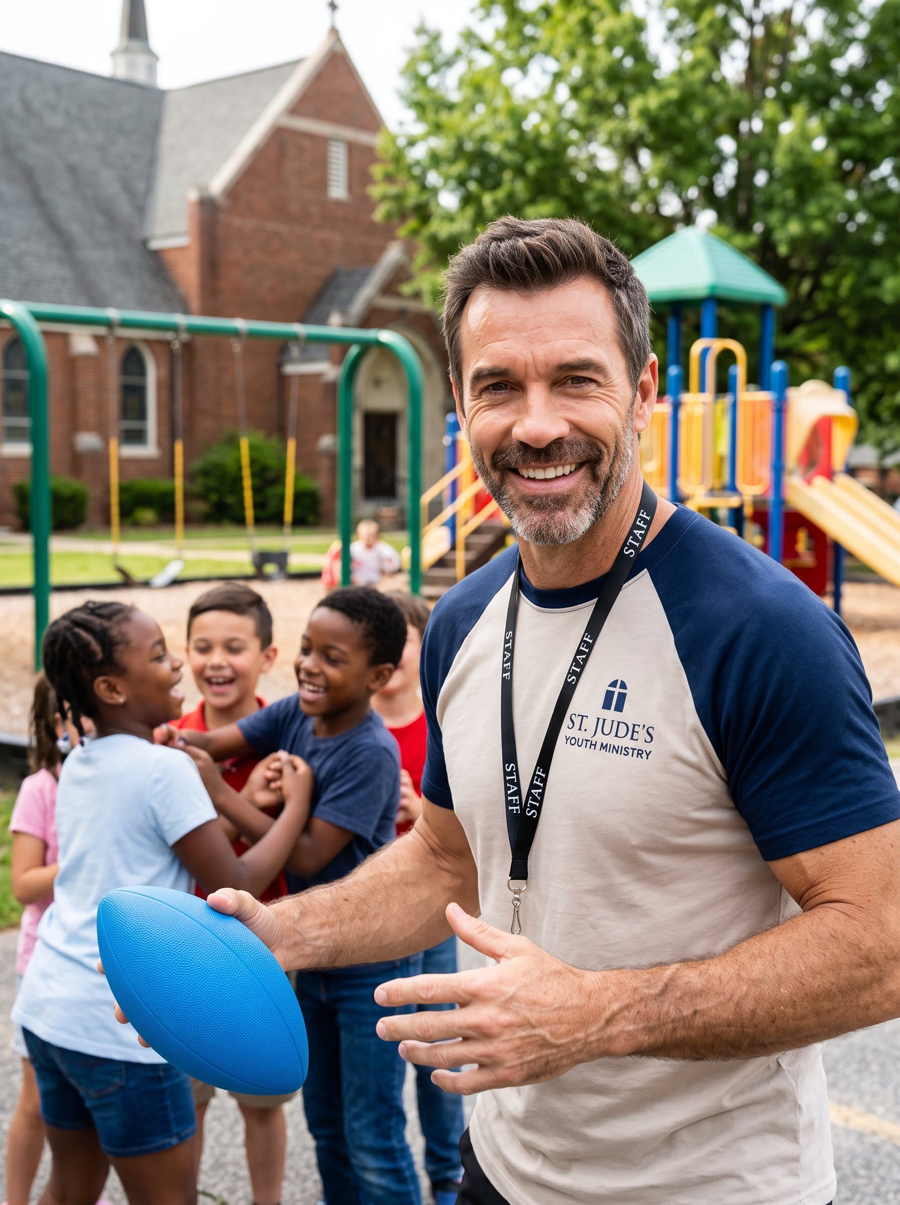 : Create a photorealistic headshot of a youth coordinator, outdoors in a church playground, capturing their energetic and friendly personality, with vibrant colors and dynamic pose that resonate with youth engagement.