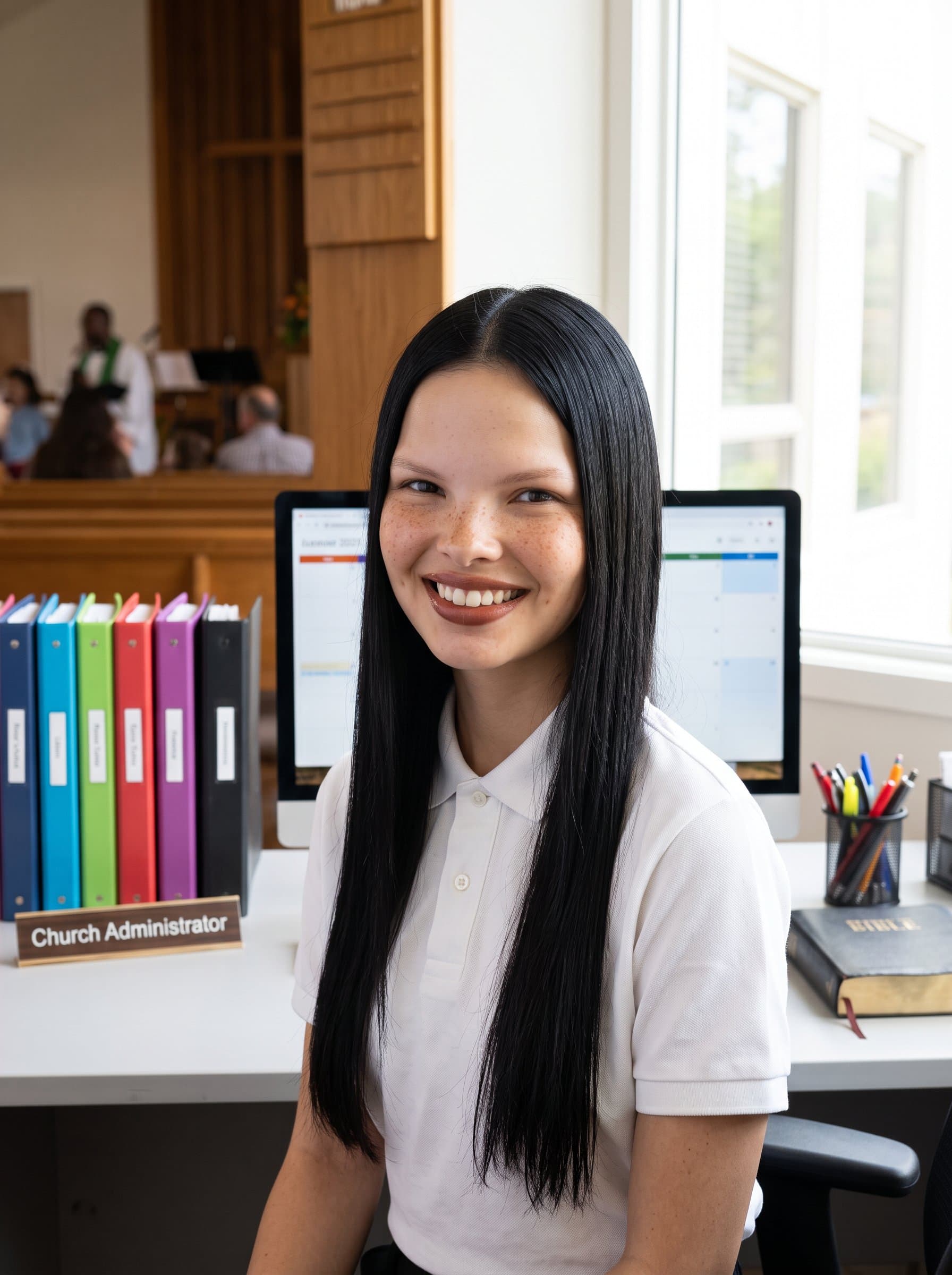 : Produce a photorealistic headshot of a church administrator at their desk, with natural light highlighting their warm expression and organizational skills, symbolizing both professionalism and dedication in their supportive role.