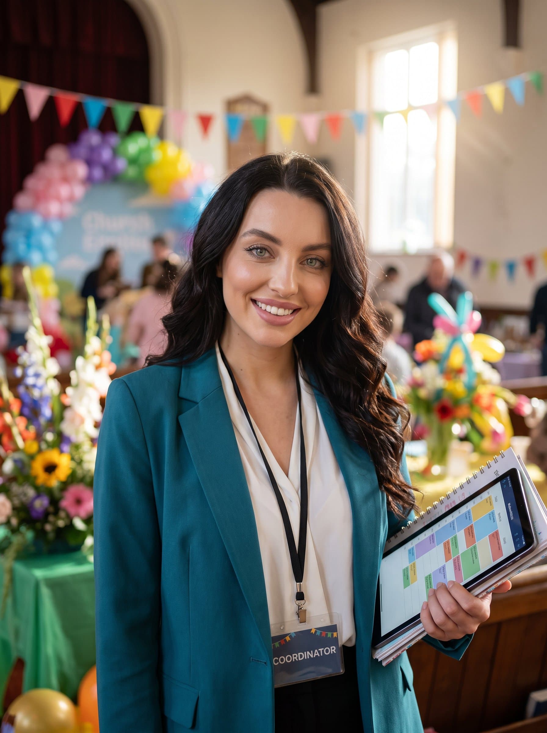 : Design a photorealistic headshot of a church event planner, amid colorful decorations, showcasing their innovative and cheerful spirit, with a focus on their organized and welcoming personality.