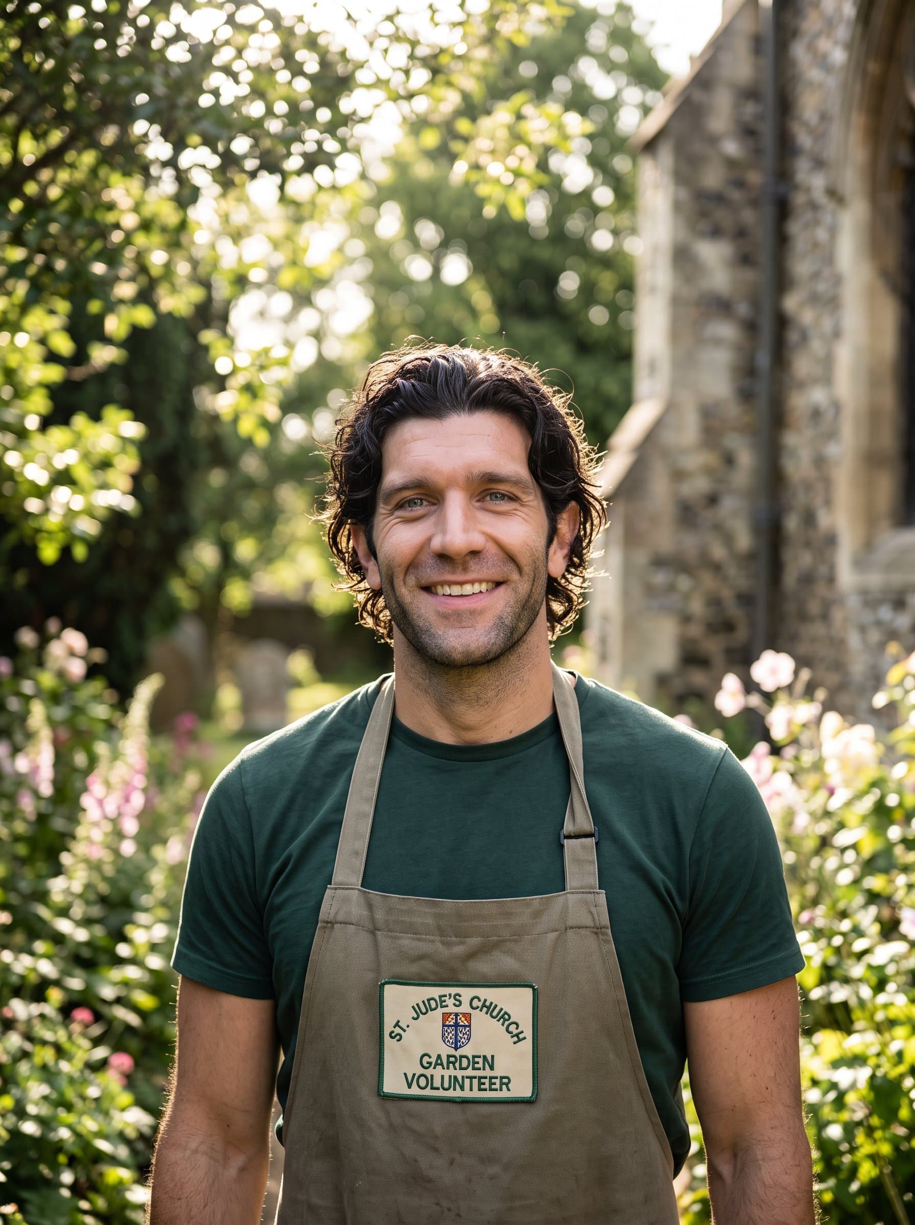 : Generate a photorealistic headshot of a volunteer in a church garden, with soft sunlight filtering through trees, highlighting their friendly expression and creating an atmosphere of peace and community service.