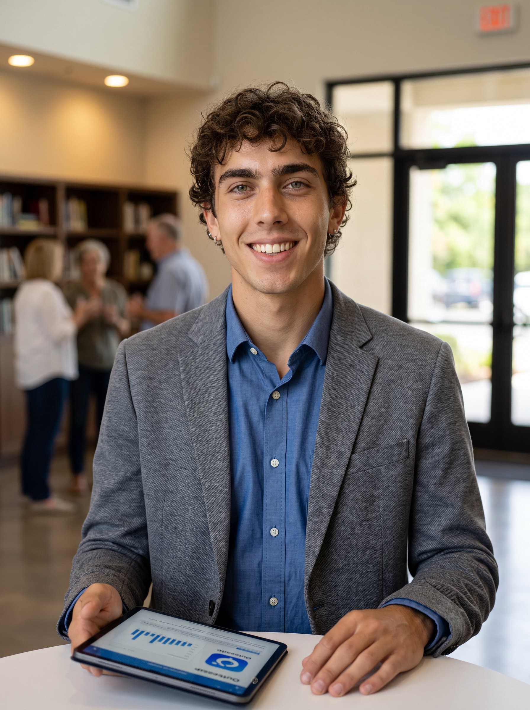 : Design a photorealistic headshot of a church communications director, with a digital tablet in hand, highlighting their innovative and approachable demeanor, representing effective communication and outreach strategies.