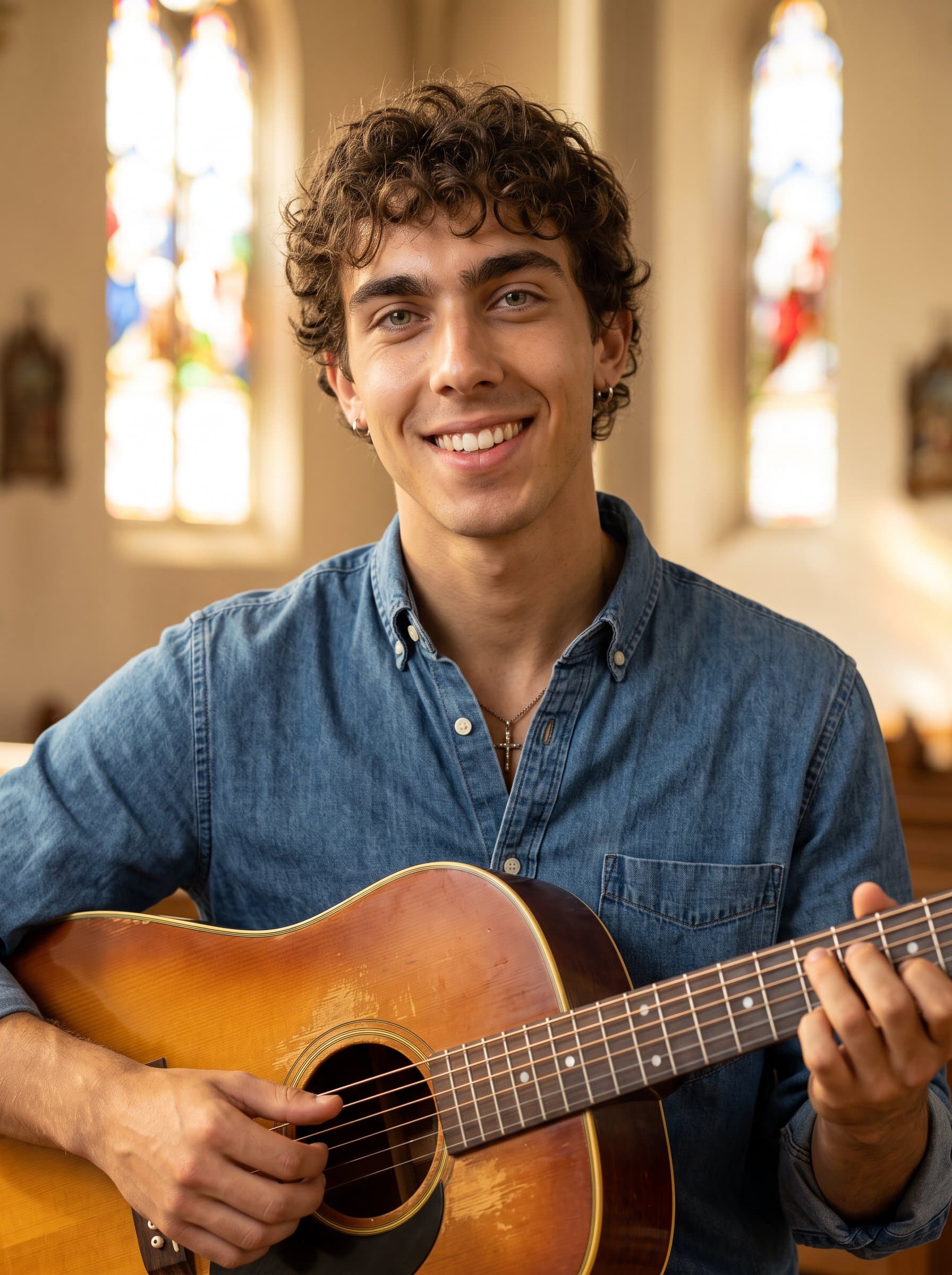 : Capture a photorealistic headshot of a worship leader, with a guitar in hand, utilizing natural lighting to emphasize their joyful and inviting presence, symbolizing leadership through music and worship.