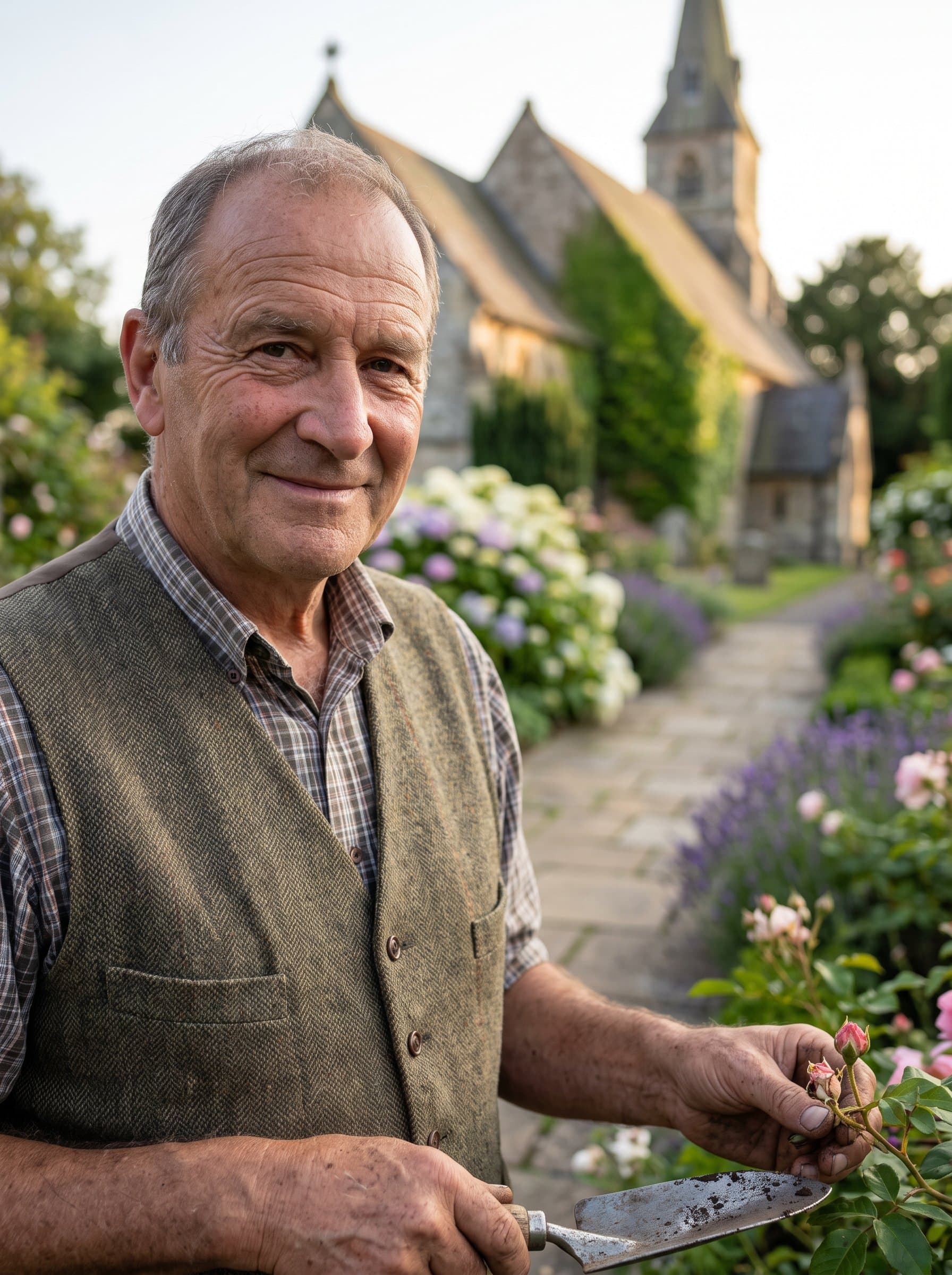 : Create a photorealistic headshot of a church caretaker, surrounded by a well-maintained garden, focusing on their contented expression and hands-on approach, reflecting commitment to church care and beauty.