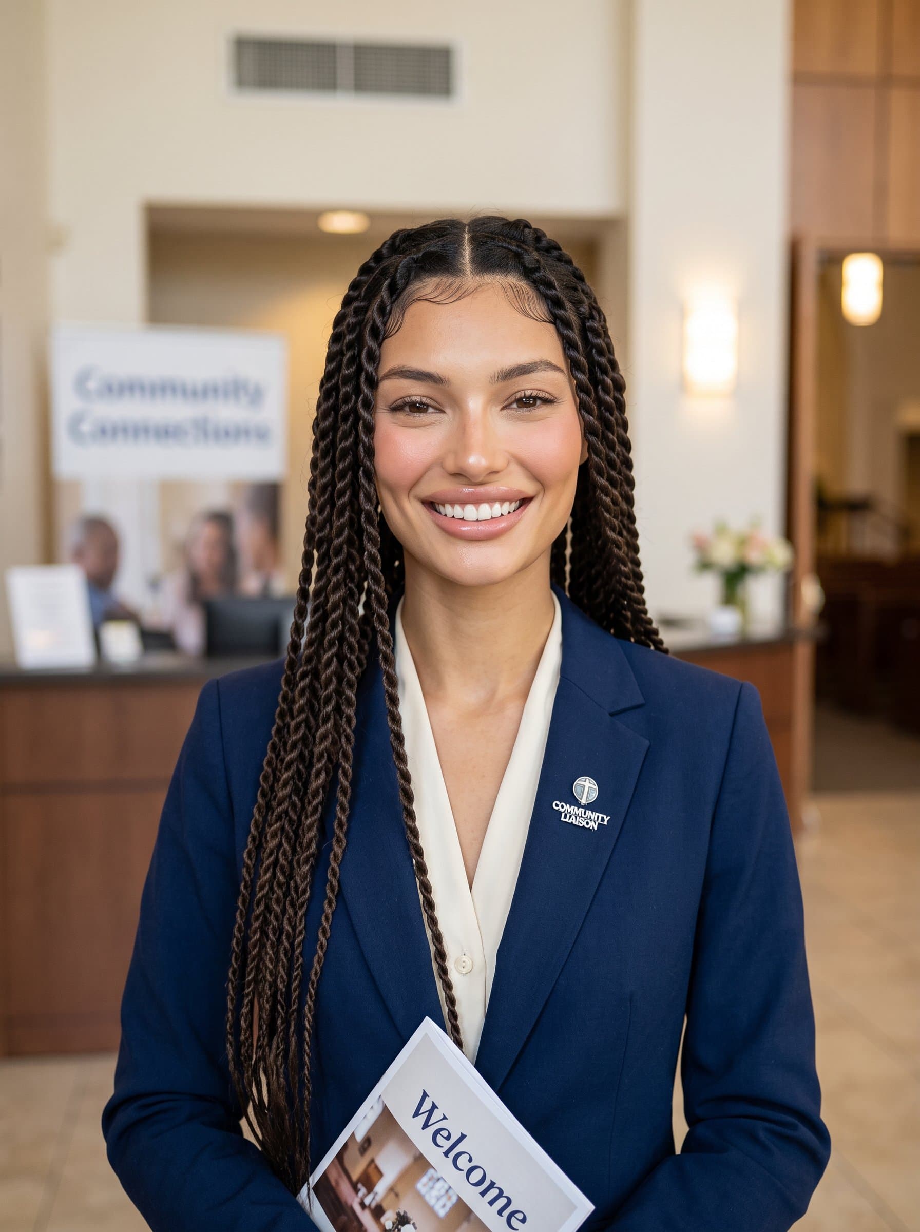 : Generate a photorealistic headshot of a community liaison, posed in the church foyer, with a welcoming smile and professional attire, emphasizing their role in building and maintaining community relationships.