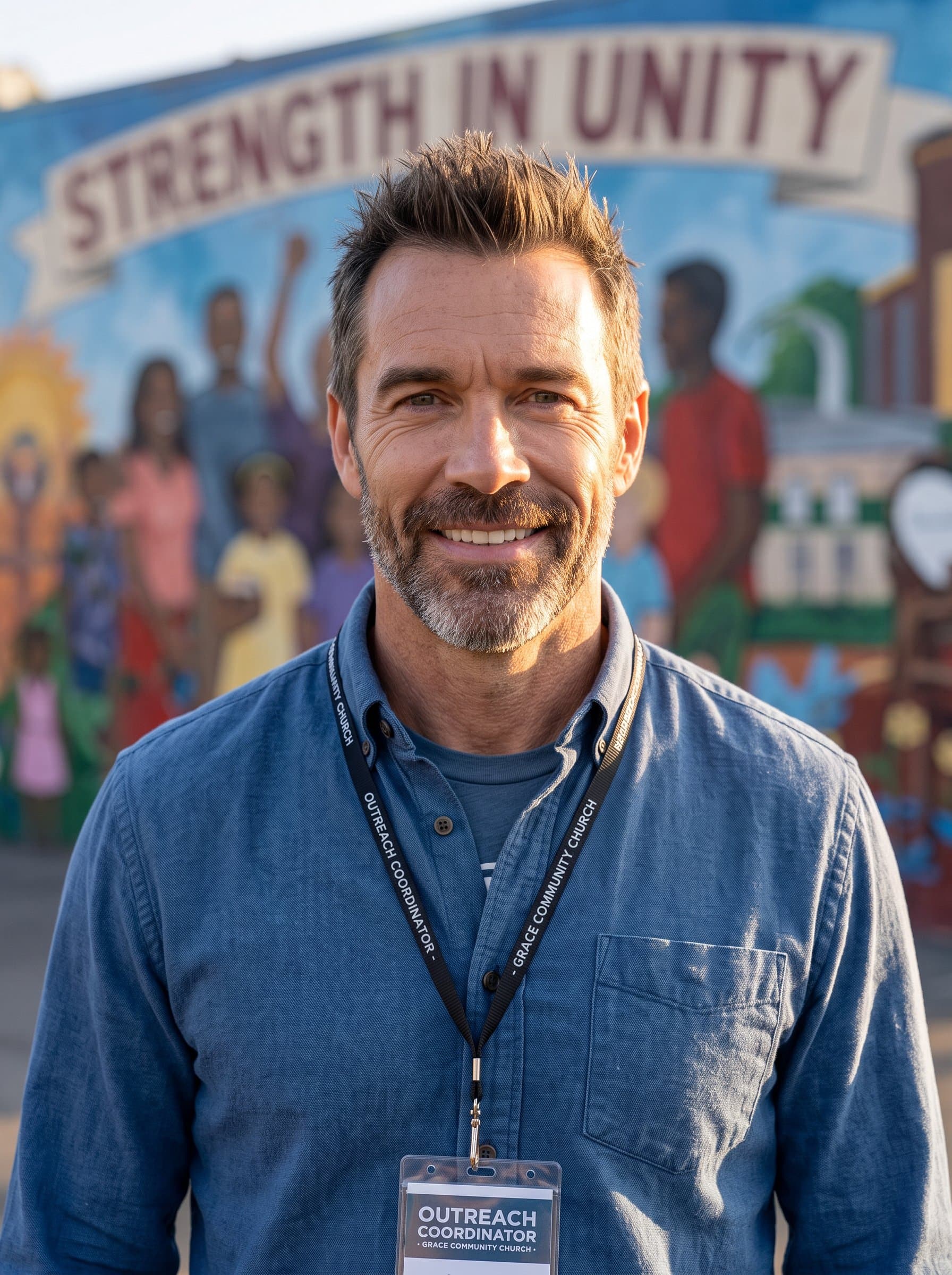 : Produce a photorealistic headshot of a church outreach coordinator, in front of a vibrant community mural, with warm lighting and an open smile, embodying dedication to service and community connection.