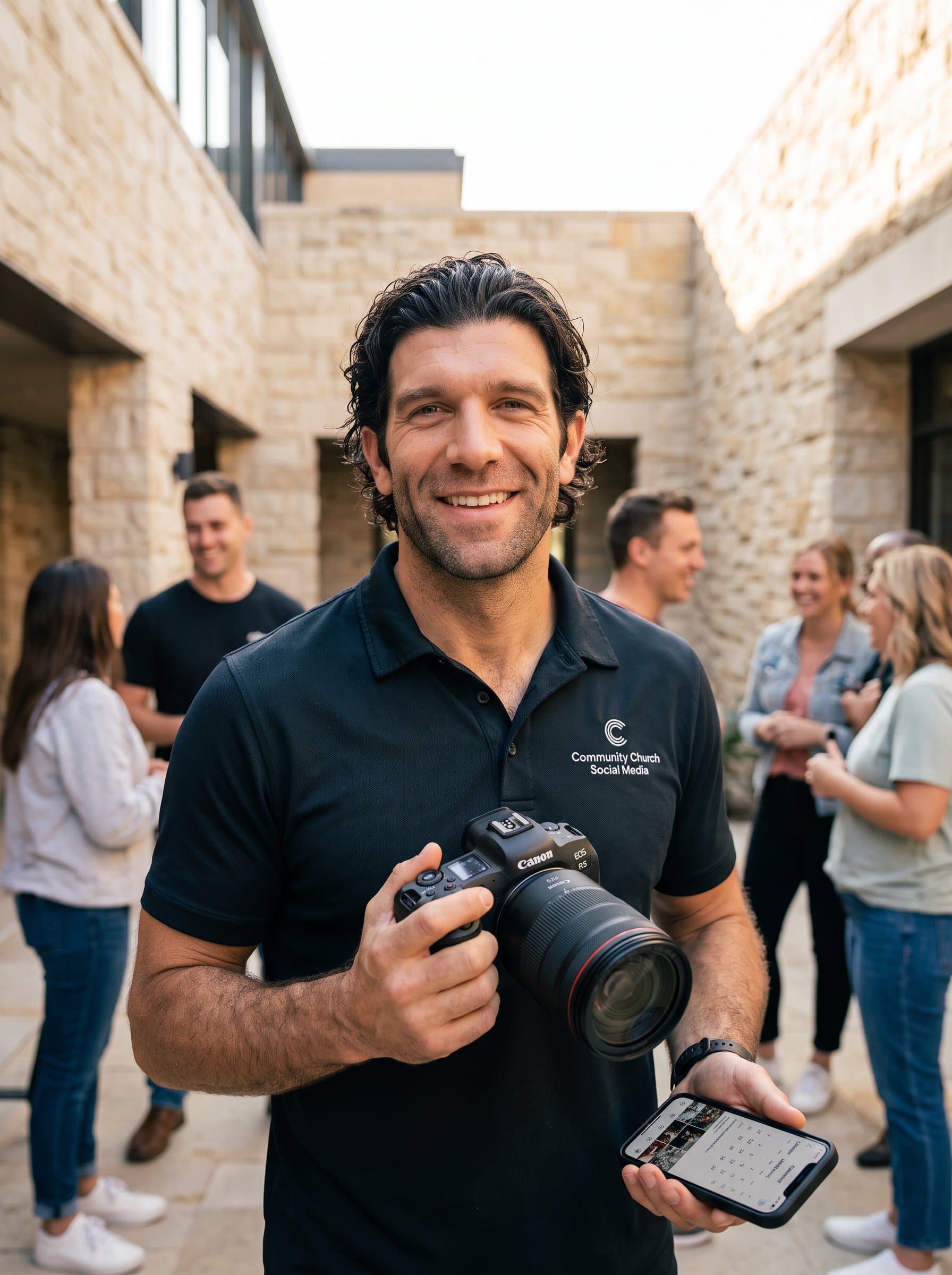 : Generate a photorealistic headshot of a social media manager, with a camera in hand, highlighting their creative and friendly approach, representing digital engagement and church visibility.