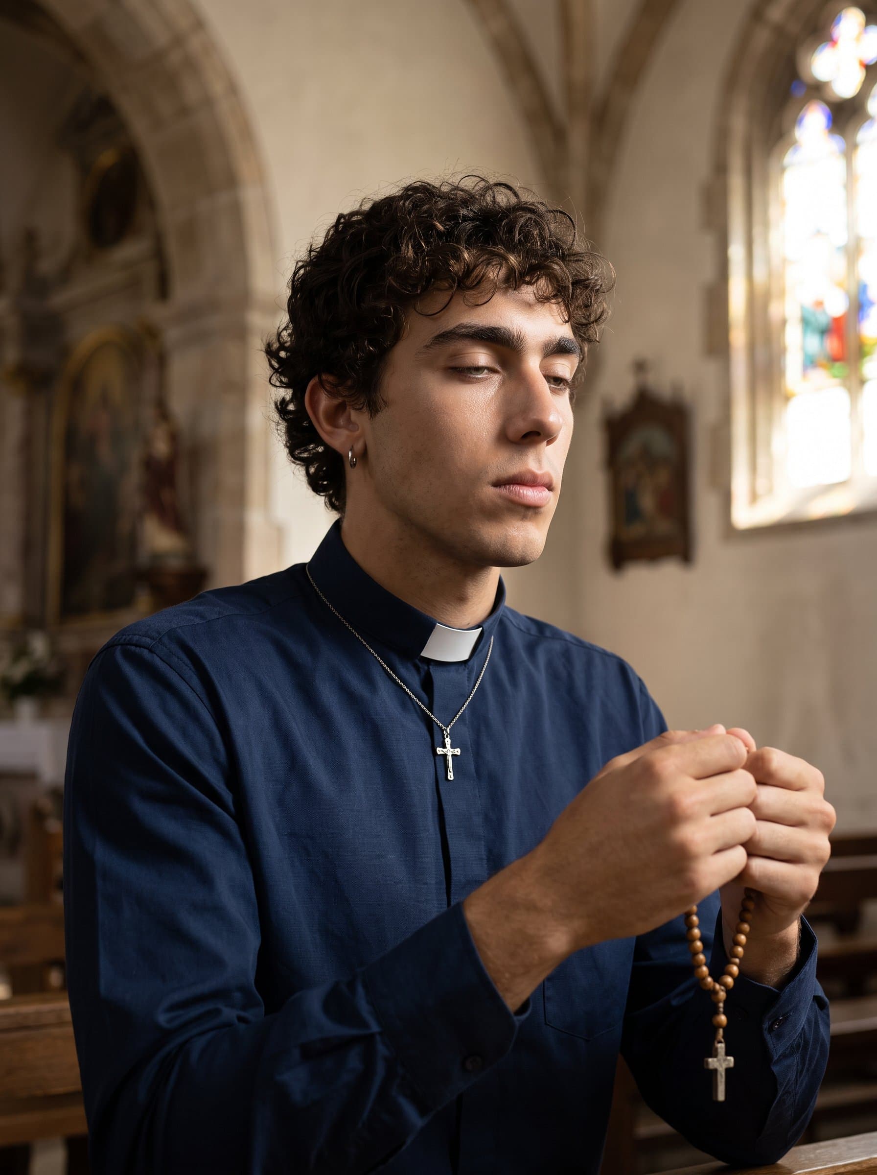 : Create a photorealistic headshot of a prayer group leader, in a serene corner of the church, capturing their peaceful and contemplative expression, embodying spiritual guidance and support.