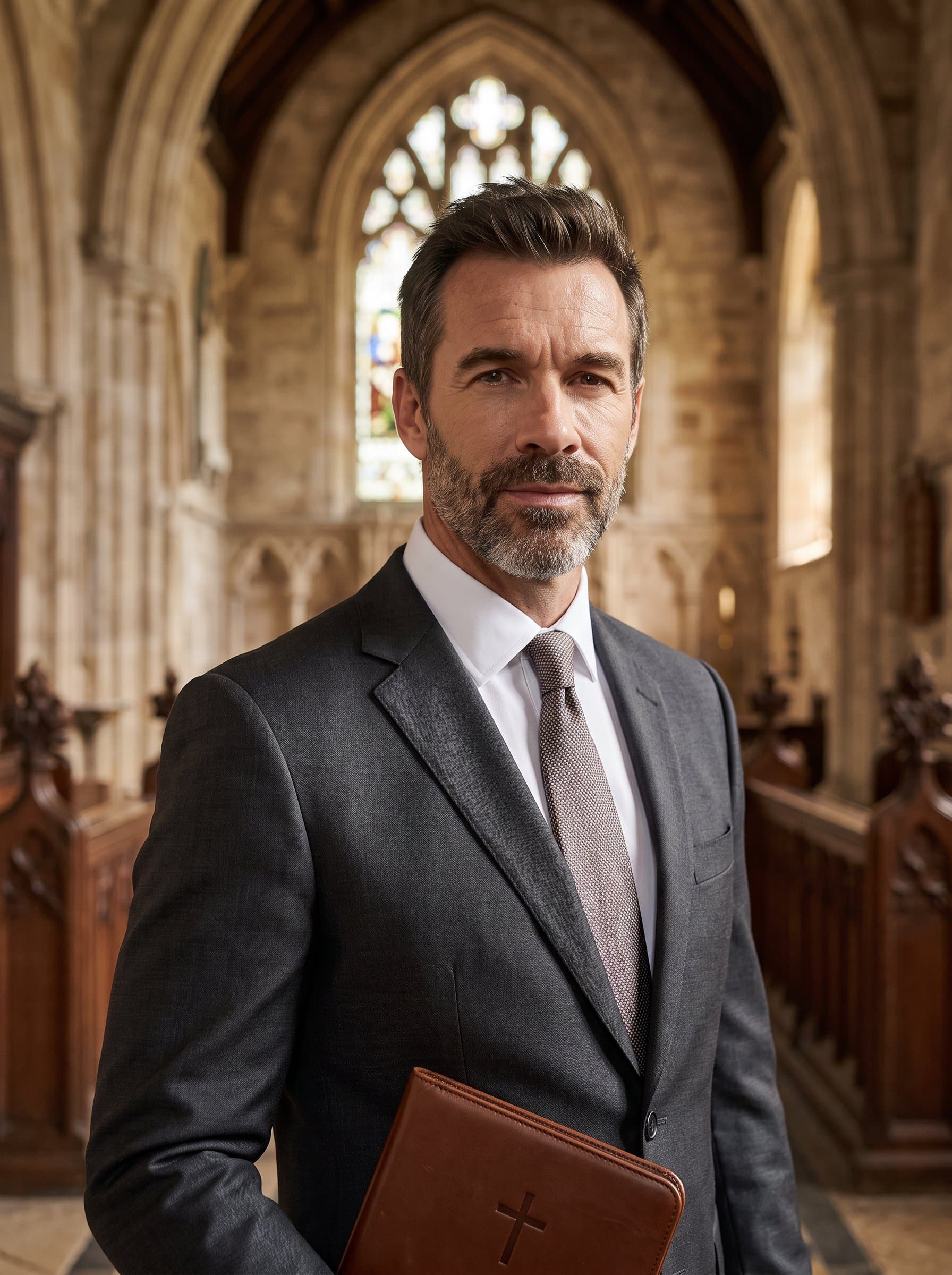 : Generate a photorealistic headshot of a church financial advisor, utilizing a backdrop of church architecture, highlighting their confident and trustworthy expression, reflecting financial stewardship and integrity.
