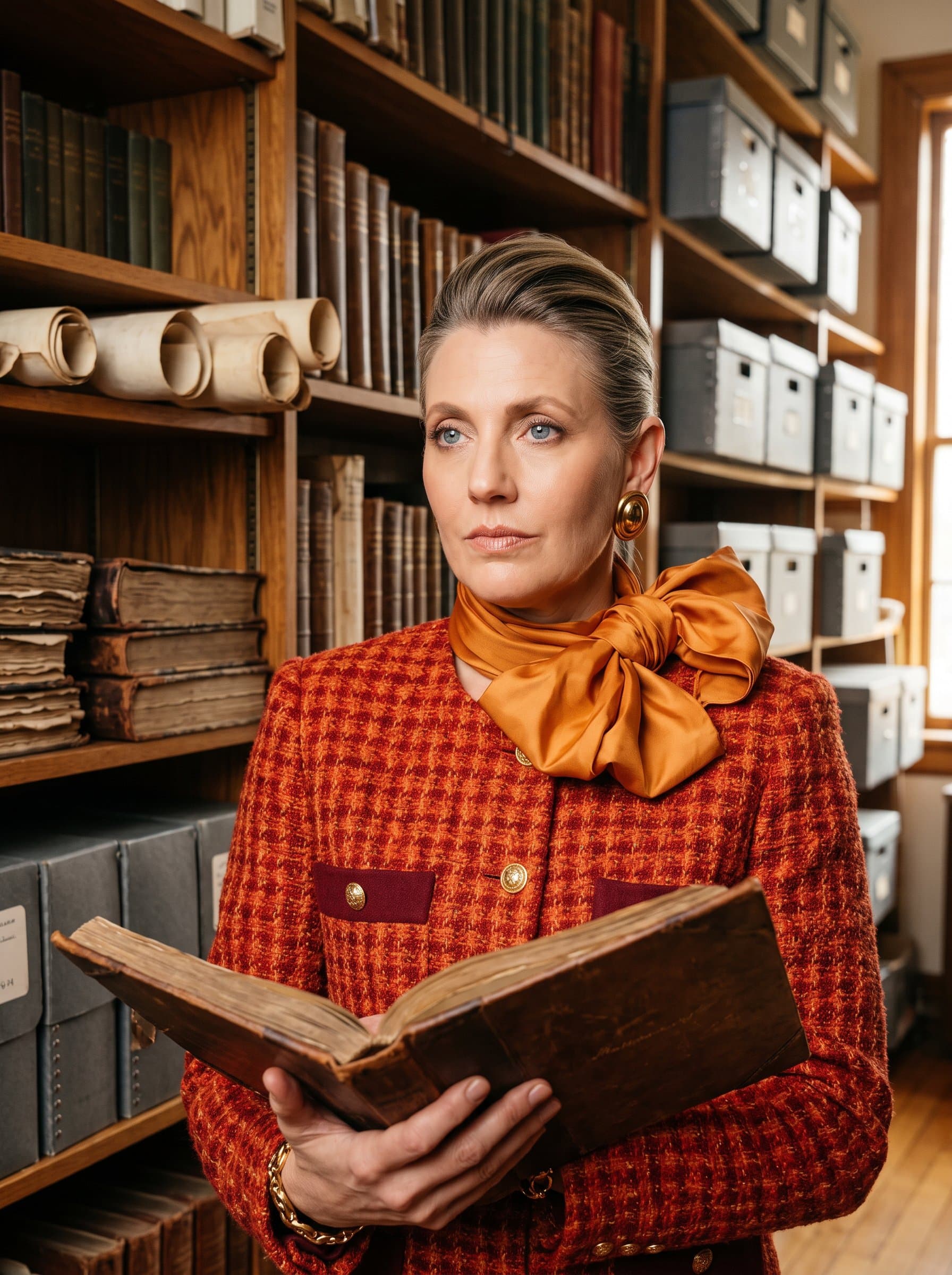 : Capture a photorealistic headshot of a church historian, amidst shelves of archival materials, focusing on their thoughtful and insightful expression, representing dedication to preserving church heritage.