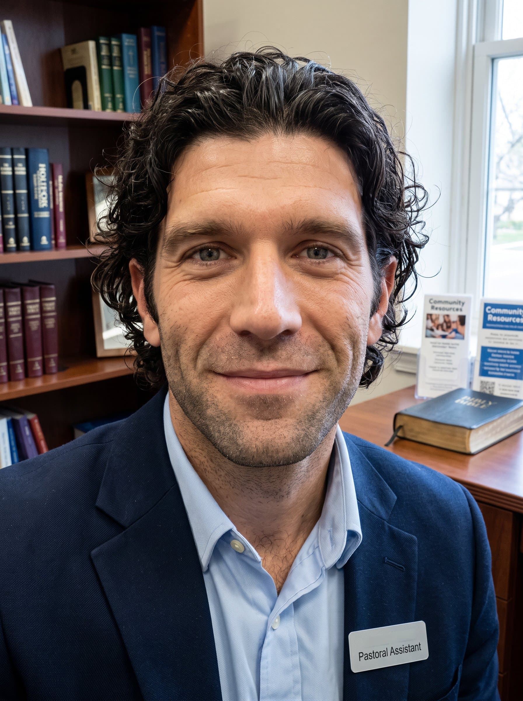 : Produce a photorealistic headshot of a pastoral assistant, in a church office environment, focusing on their professional and supportive expression, highlighting their role in assisting church leaders and community members.