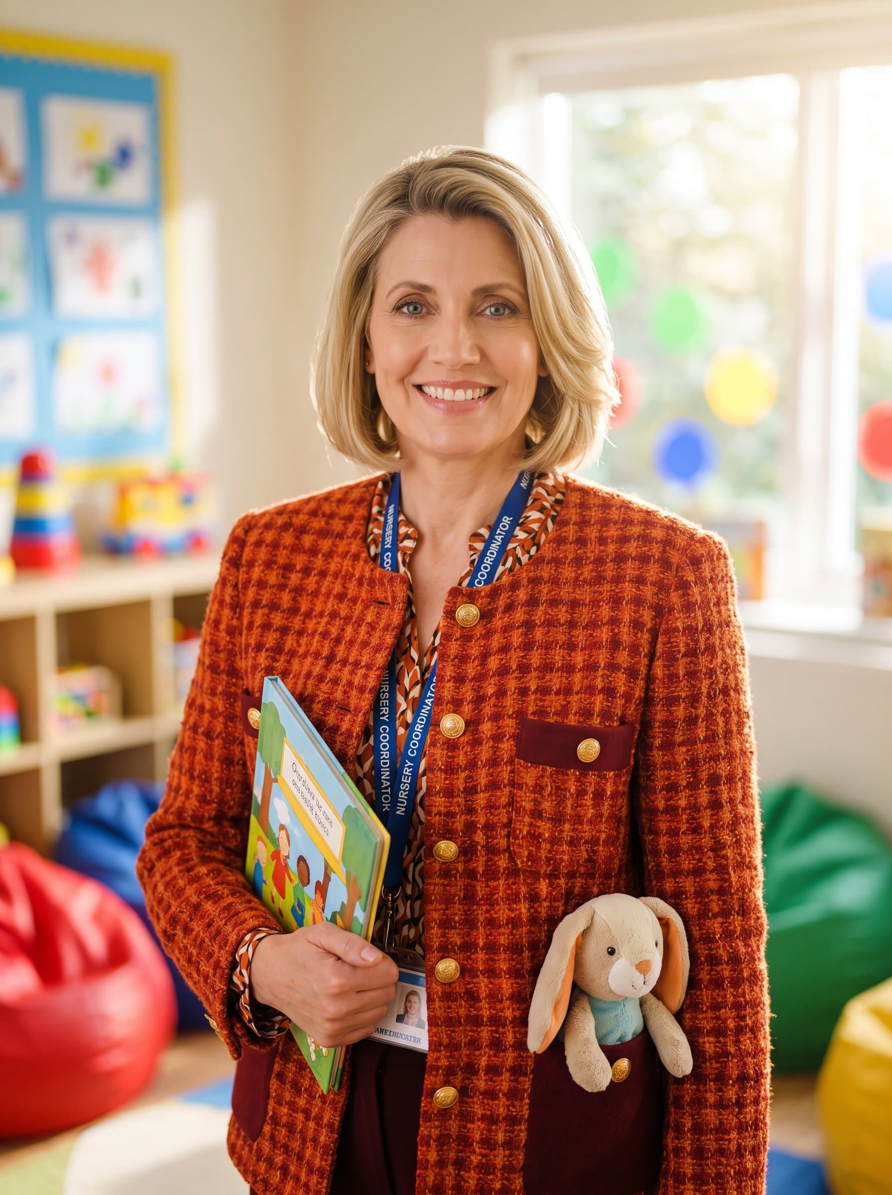 : Produce a photorealistic headshot of a nursery coordinator, set in a colorful playroom, capturing their nurturing and playful personality, with soft lighting and vibrant colors to convey warmth and care.