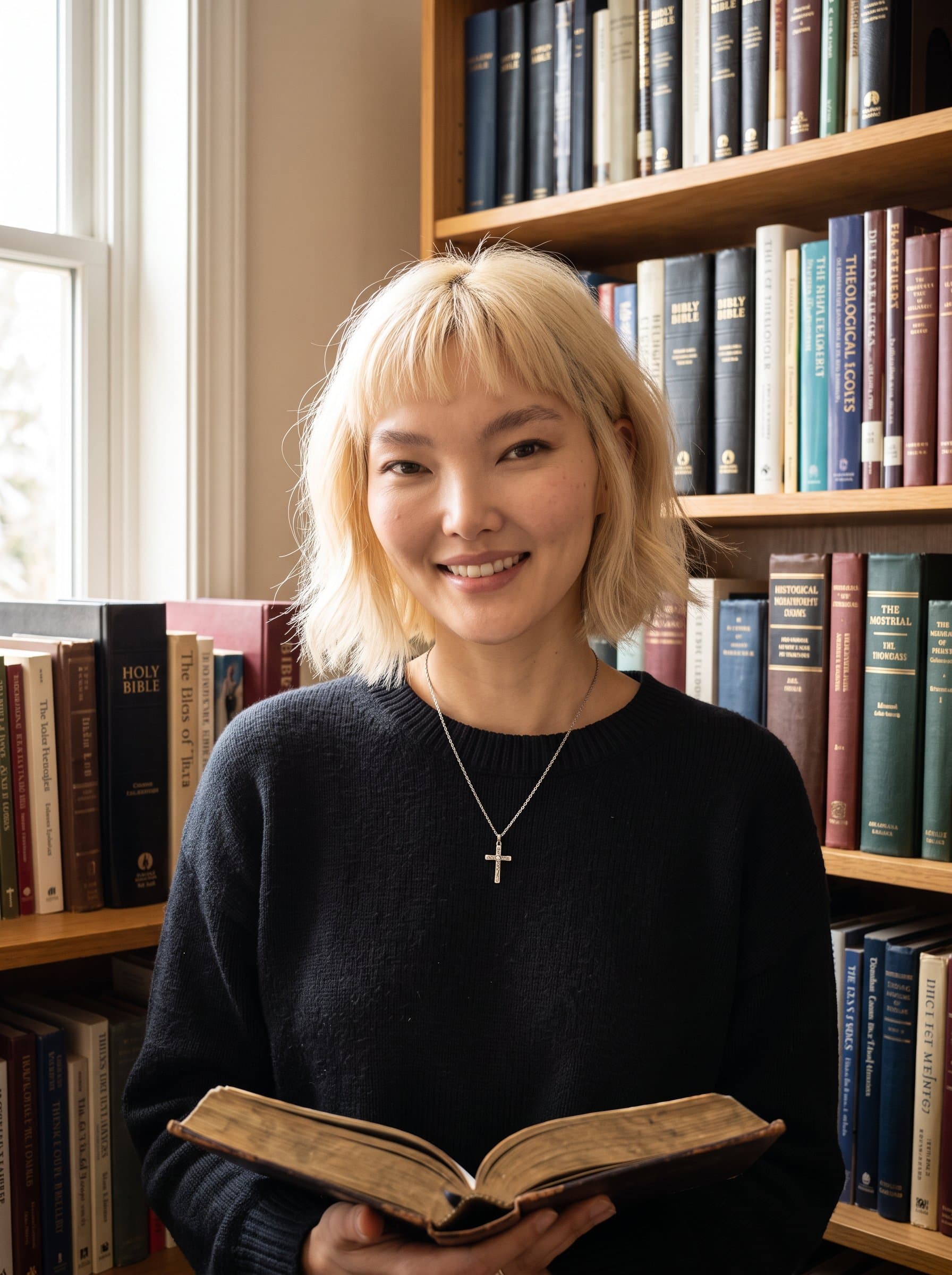 : Design a photorealistic headshot of a church librarian, surrounded by religious texts, capturing their knowledgeable and welcoming presence, symbolizing love for literature and learning within a spiritual context.