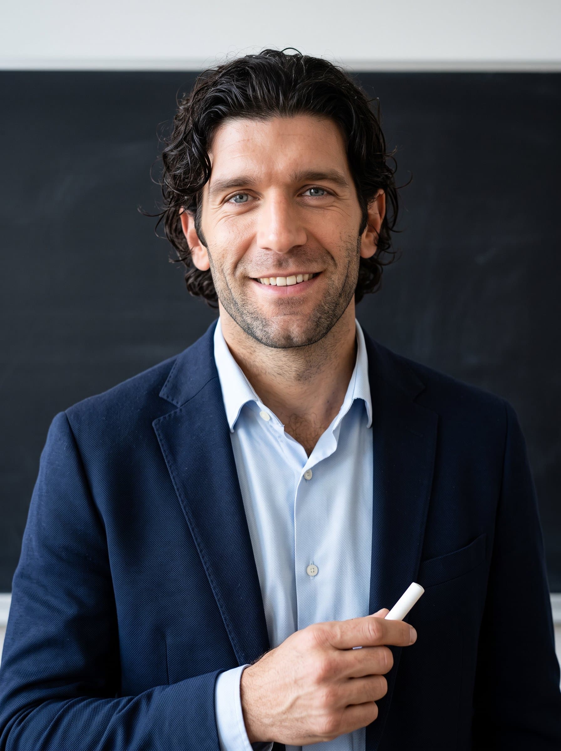 Generate a headshot featuring a teacher holding a chalk and smiling warmly, with a clean blackboard background, embodying professionalism and approachability.