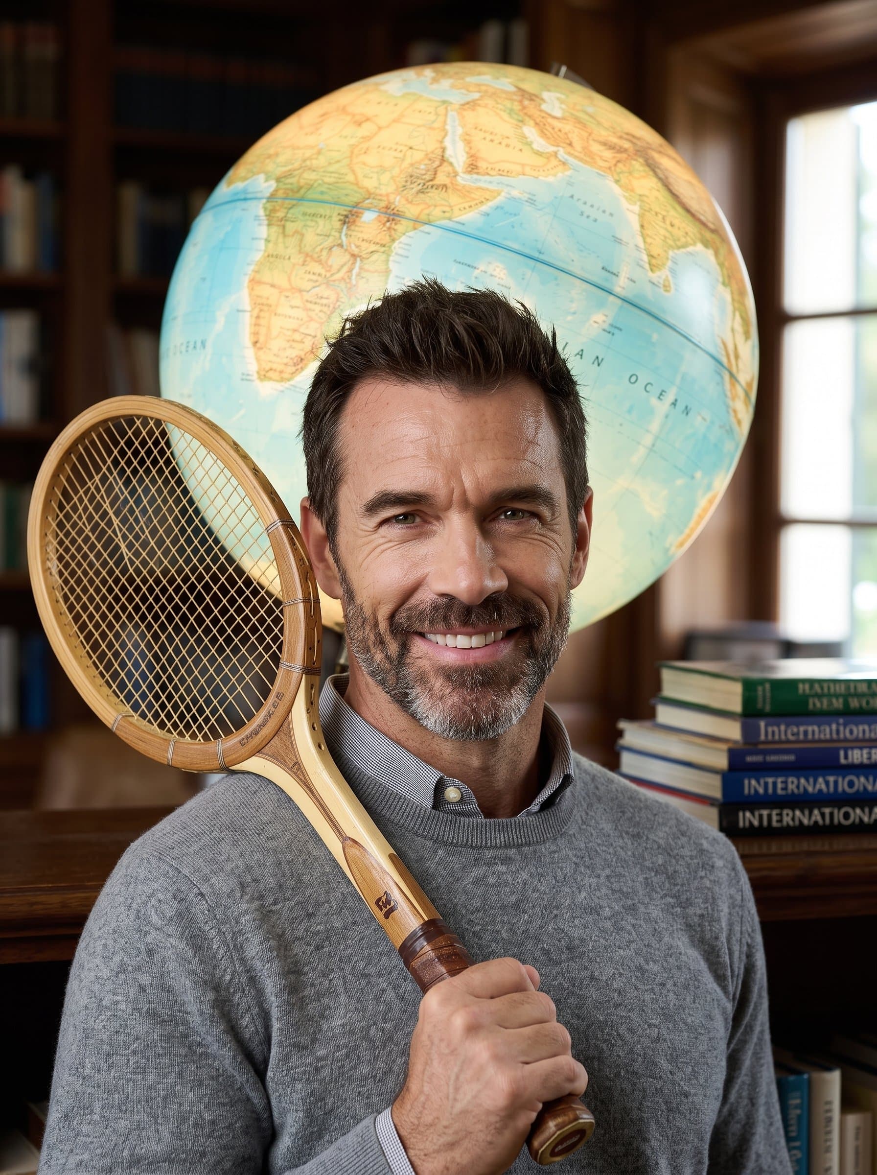 Generate a headshot of an exchange student, with a globe in the background, symbolizing cultural diversity and the global aspect of education.