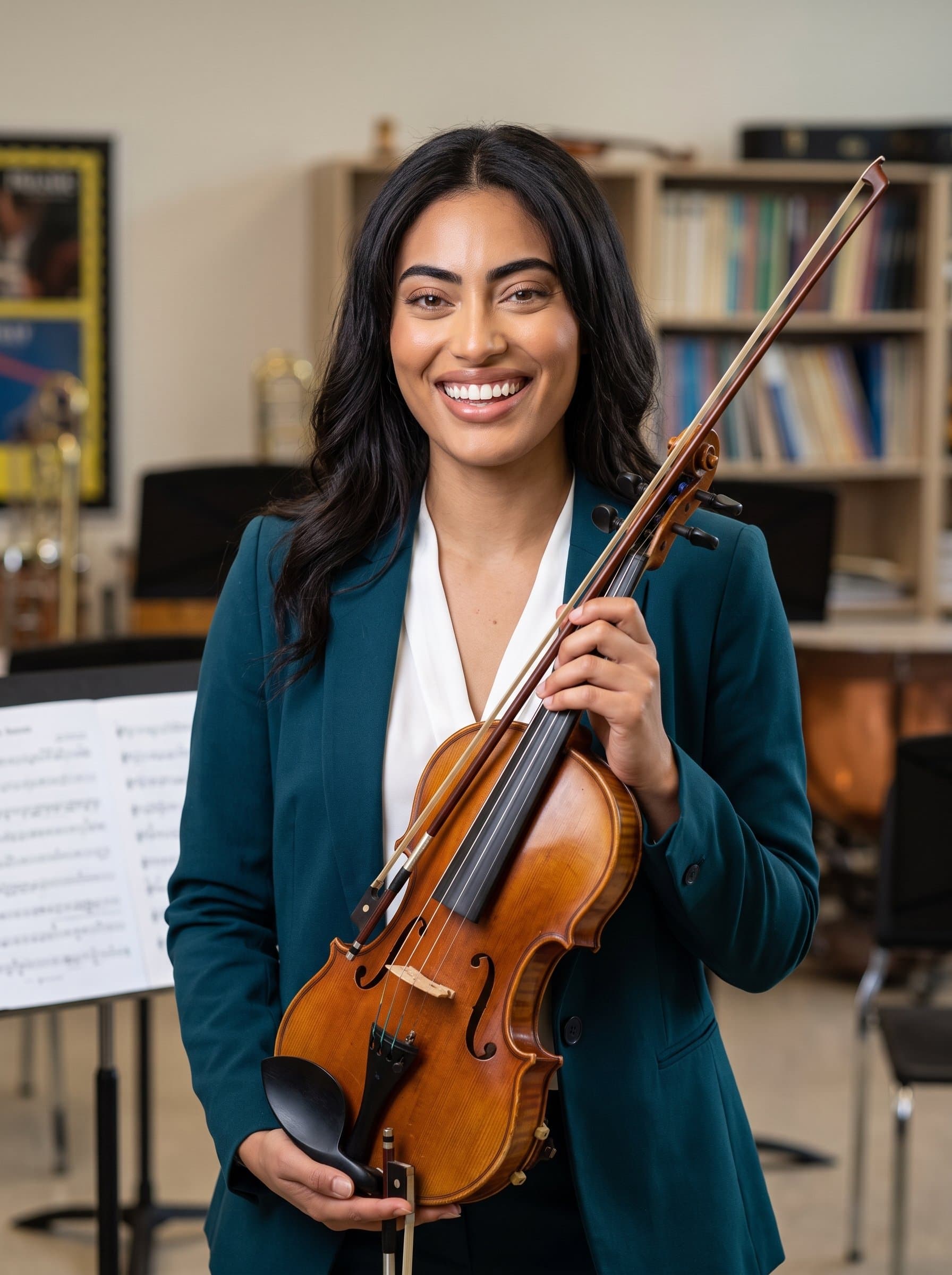 Fashion a headshot for a music teacher holding an instrument, with sheet music in the background, expressing creativity and passion for teaching.