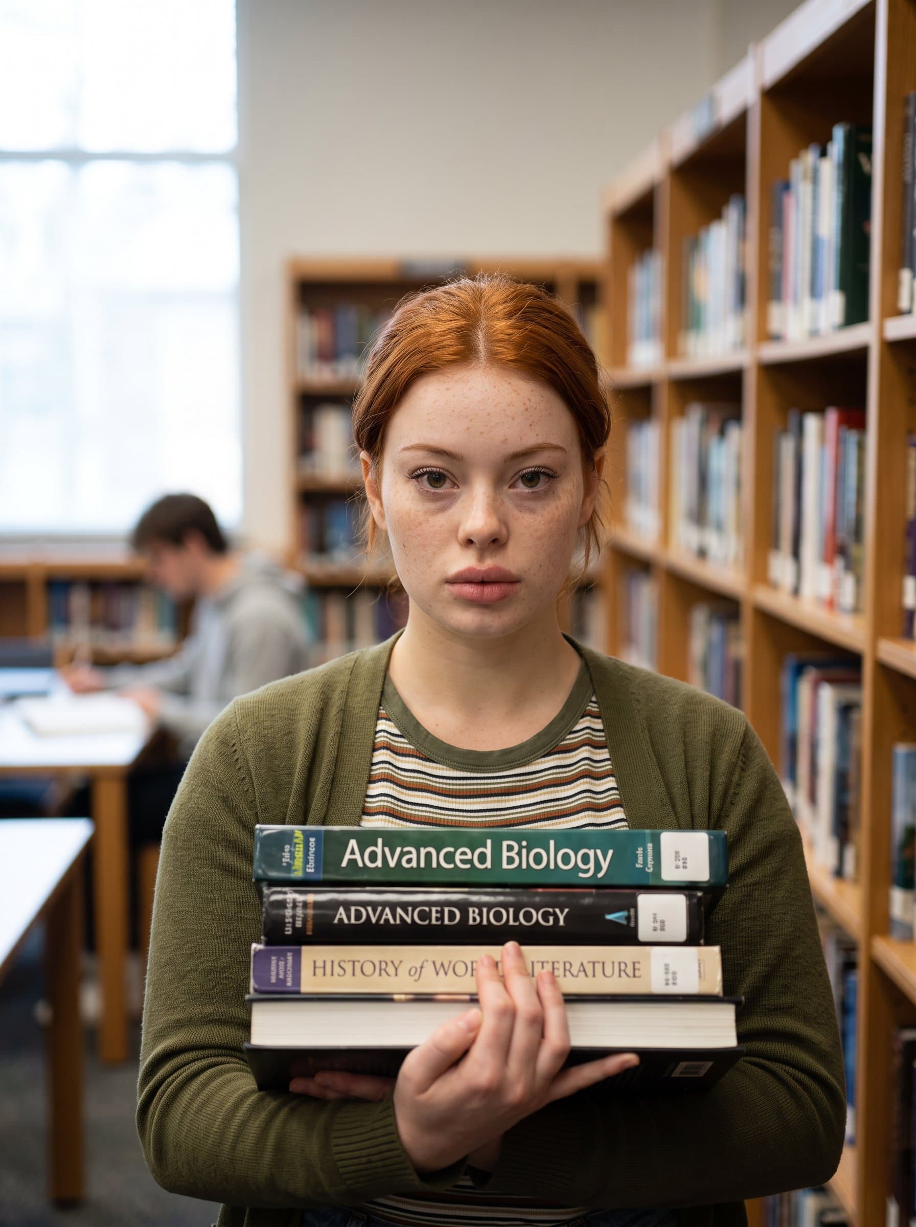 Capture a headshot of a student holding a stack of books, with a blurred bookshelf in the background, reflecting focus and academic dedication in a school setting.
