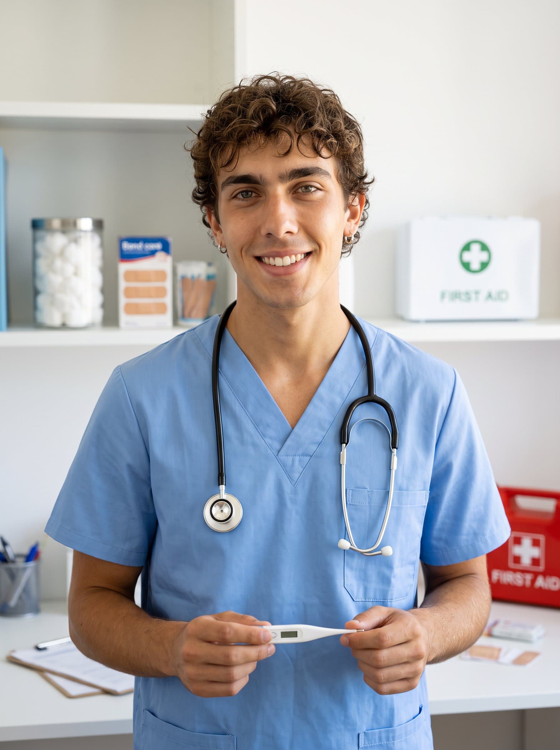 Illustrate a headshot of a school nurse with a comforting demeanor, standing in a clinic environment, with tools of care subtly displayed.